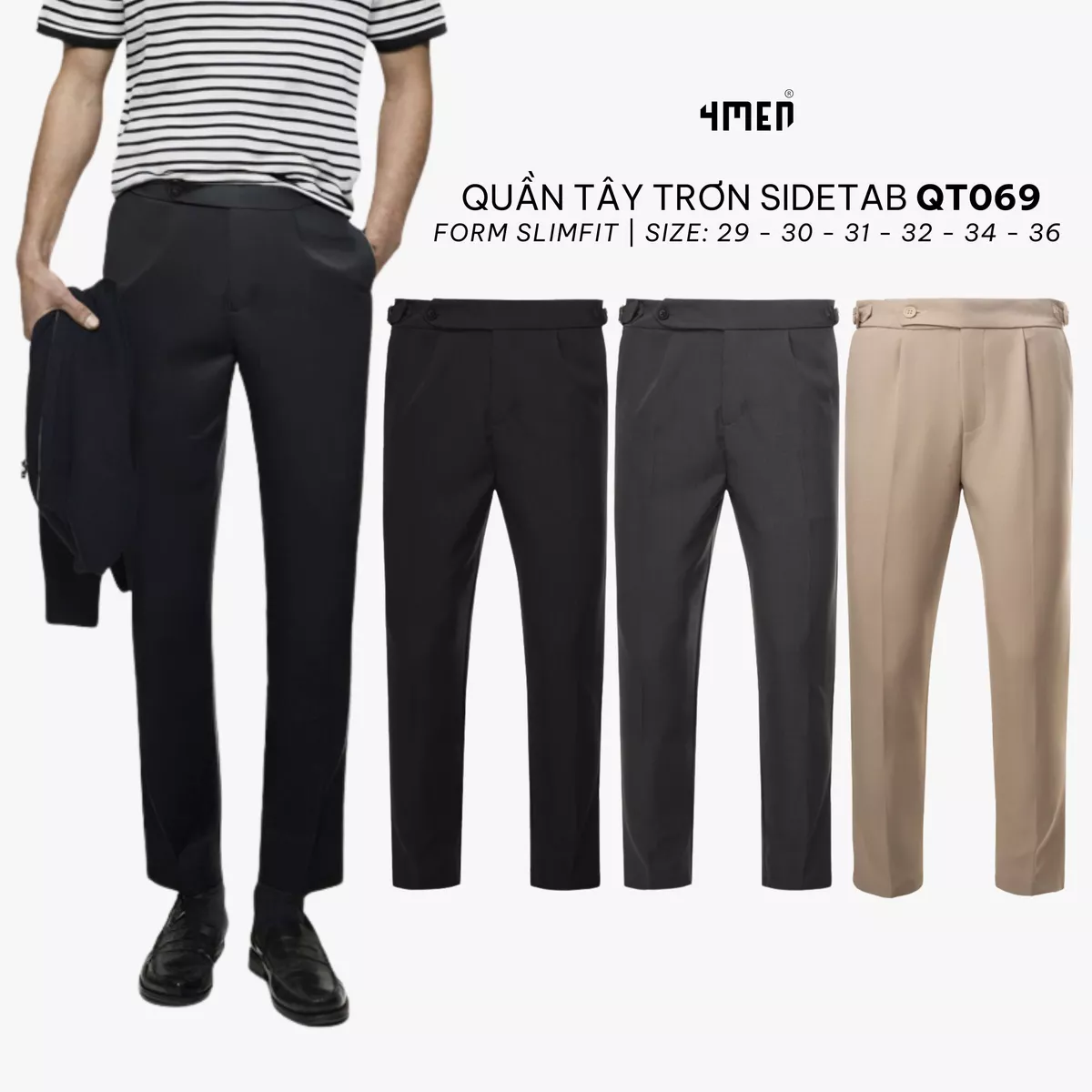 Quần Tây Nam Sidetab 2 Bên Trơn Form Slimfit 4MEN QT069 vải mềm mịn đai quần nhọn lệch bên tôn dáng, công sở trẻ trung