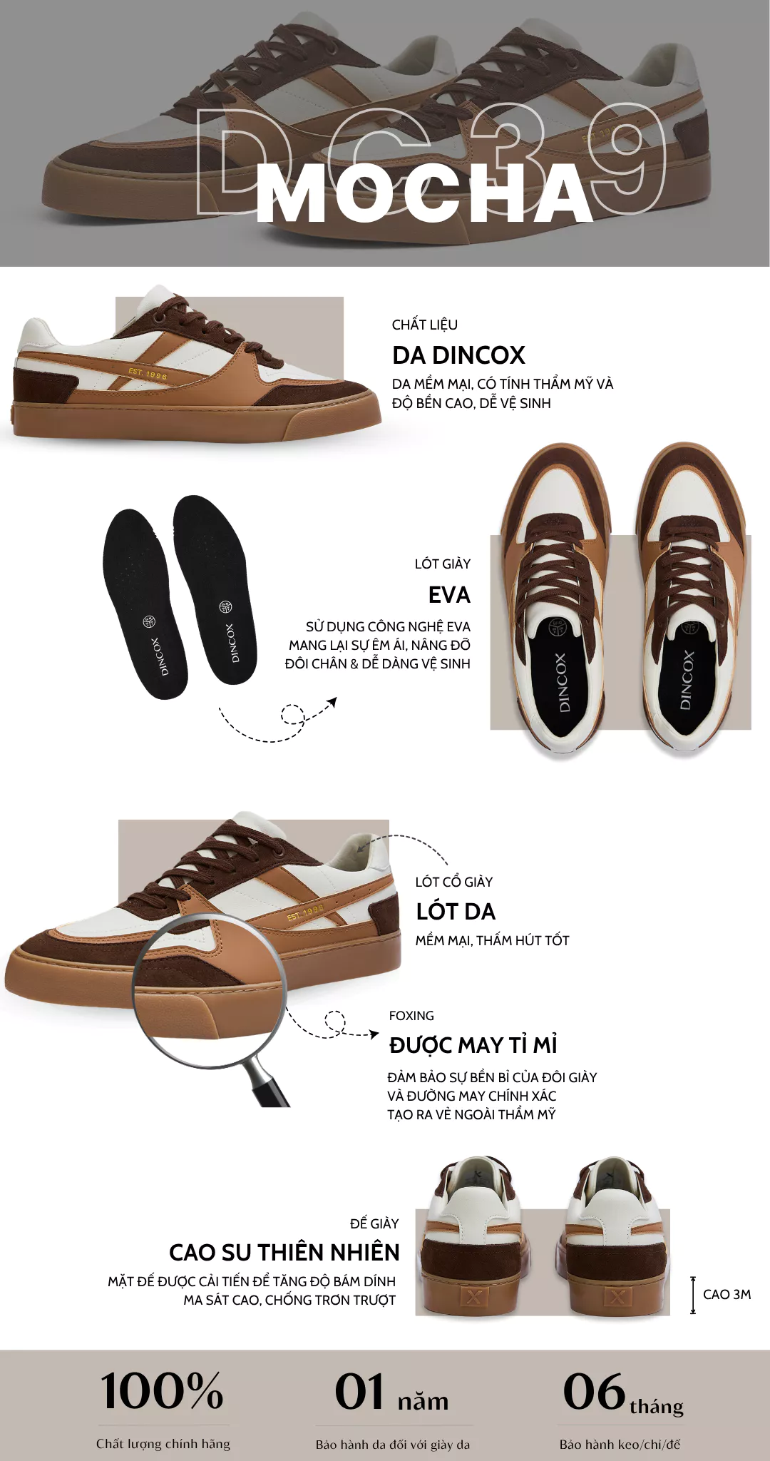 Giày Da Sneaker Nam Nữ DC39 MOCHA Dincox Shoes Đế Bằng - Microfiber Leather