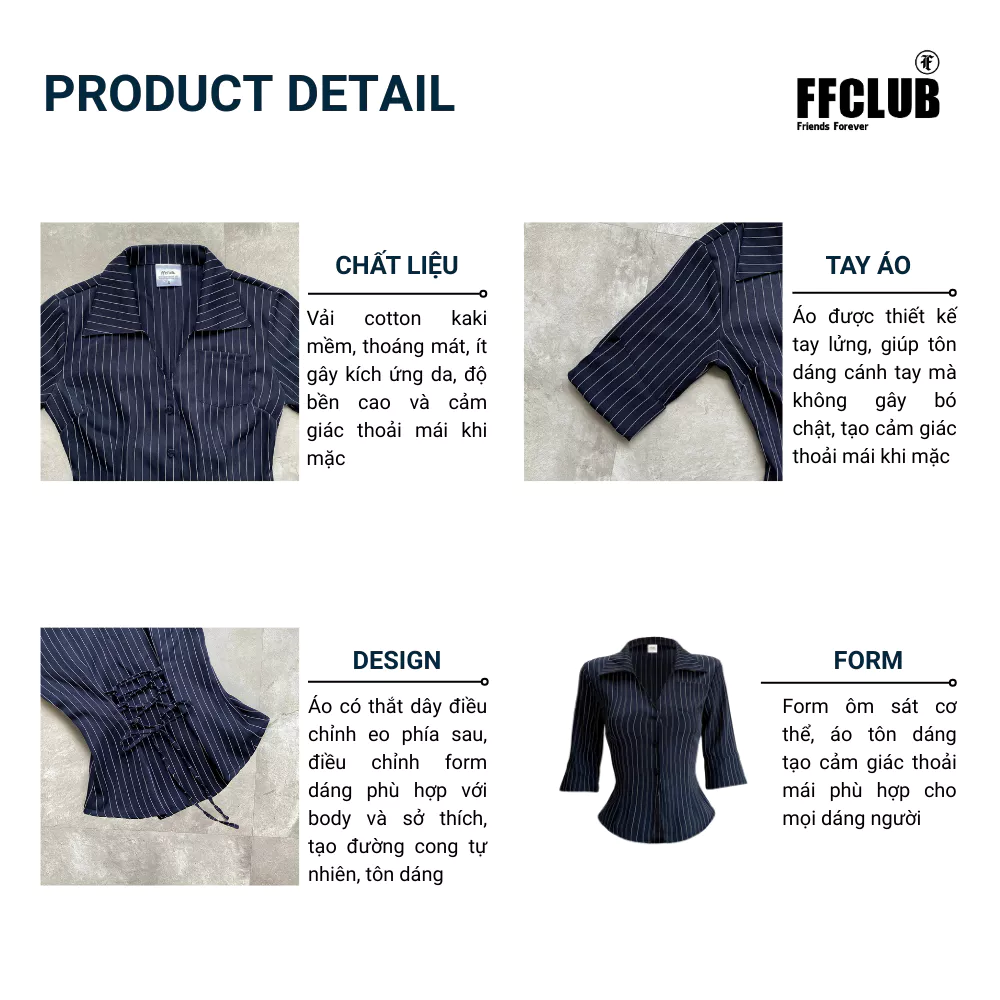 Áo sơ mi tay lỡ Kaki Kẻ sọc Fairy FFCLUB có Thắt eo phía sau Tôn dáng
