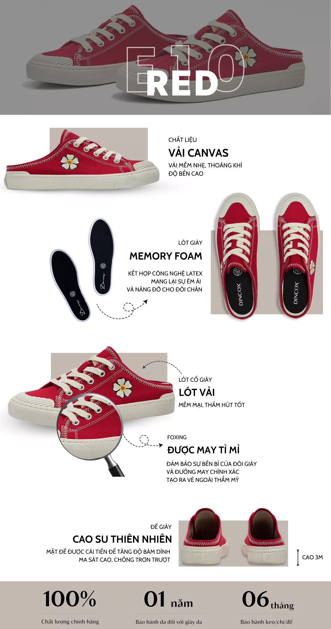 Giày Sục Đạp Gót Mules Vải Canvas DINCOX E10 RED Unisex Tăng Chiều Cao 4cm