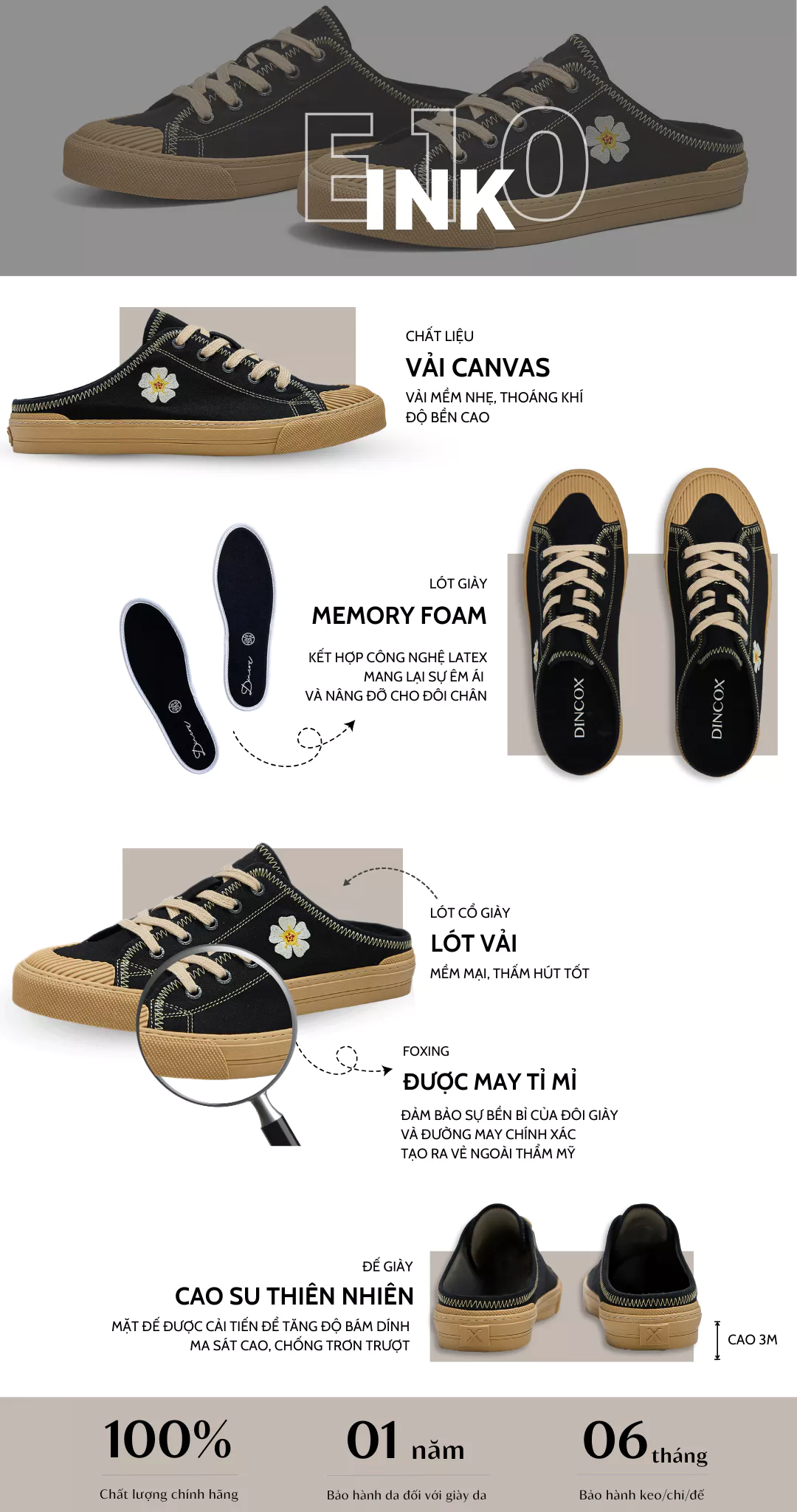Giày Sục Đạp Gót Mules Vải DINCOX E10 INK Unisex Tăng Chiều Cao 4cm