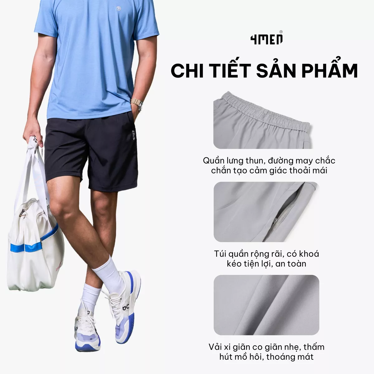 Quần Short Thể Thao Nam In Chữ 4MEN ở Túi Form Relax Sport 4MEN QS077 thấm hút mồ hôi. thoáng mát