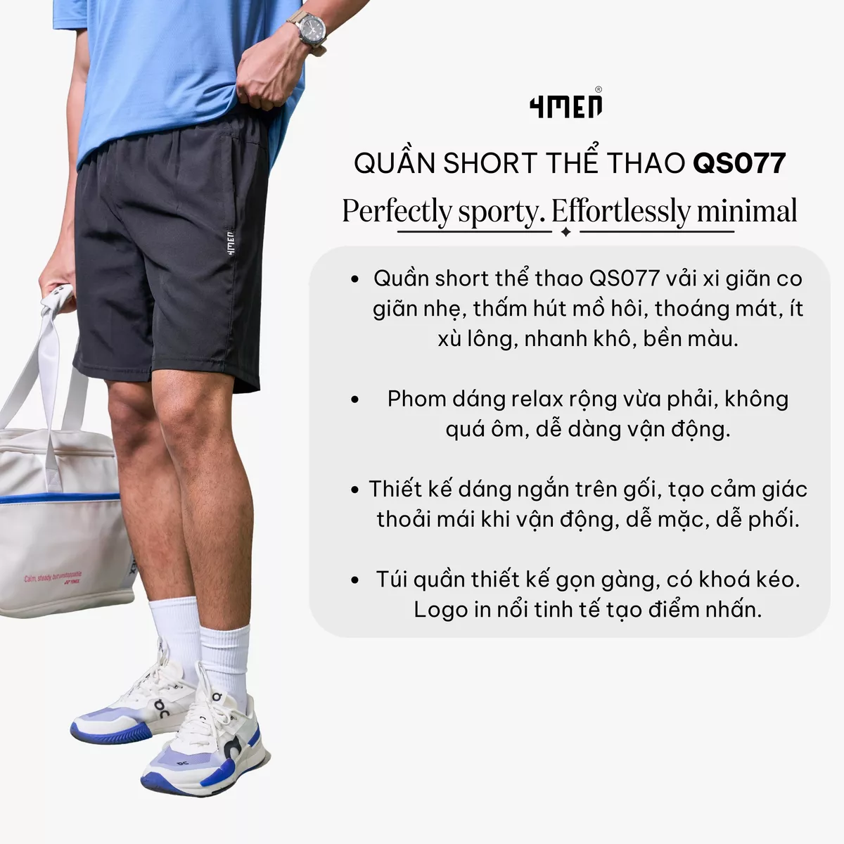Quần Short Thể Thao Nam In Chữ 4MEN ở Túi Form Relax Sport 4MEN QS077 thấm hút mồ hôi. thoáng mát