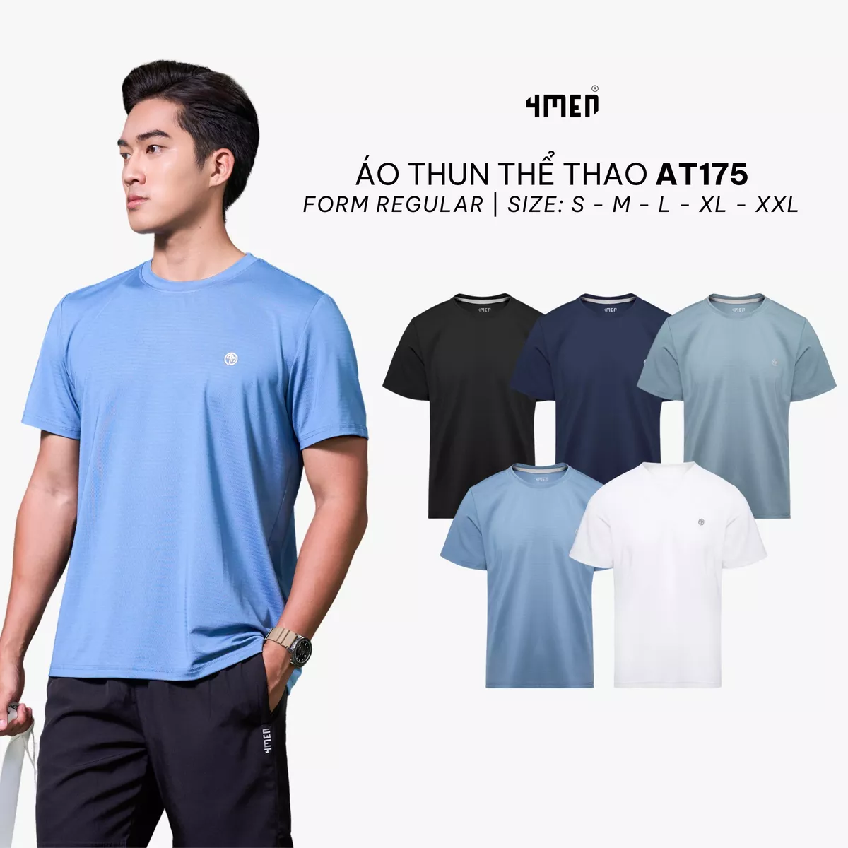 Áo Thun Thể Thao Nam Trơn In Logo 4M Tròn Form Regular 4MEN AT175 mềm mại, thoáng khí, co giãn, thấm hút mồ hôi, giá rẻ