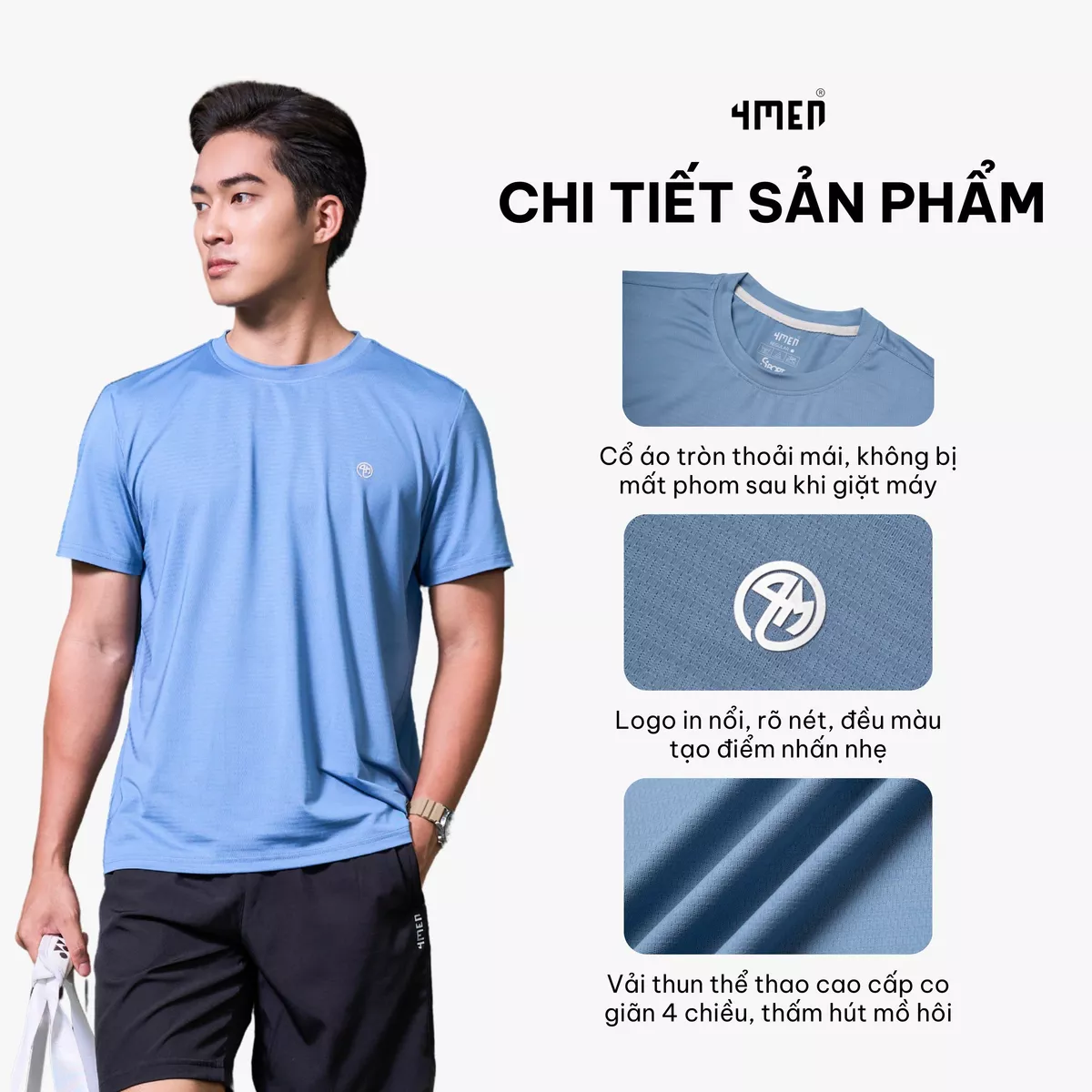 Áo Thun Thể Thao Nam Trơn In Logo 4M Tròn Form Regular 4MEN AT175 mềm mại, thoáng khí, co giãn, thấm hút mồ hôi, giá rẻ