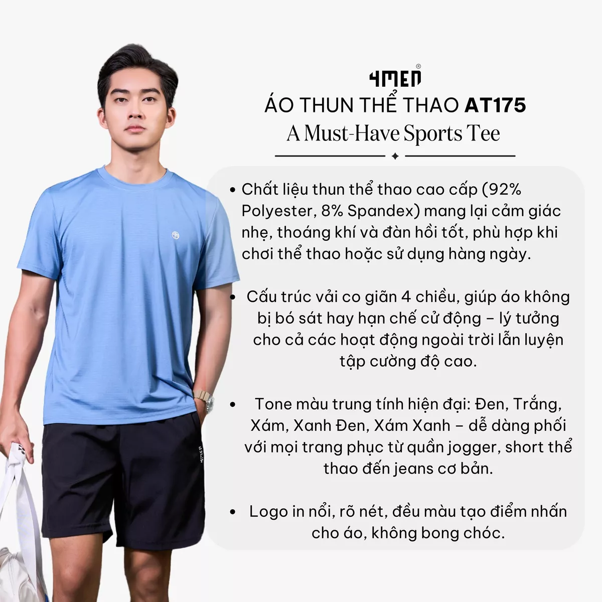 Áo Thun Thể Thao Nam Trơn In Logo 4M Tròn Form Regular 4MEN AT175 mềm mại, thoáng khí, co giãn, thấm hút mồ hôi, giá rẻ