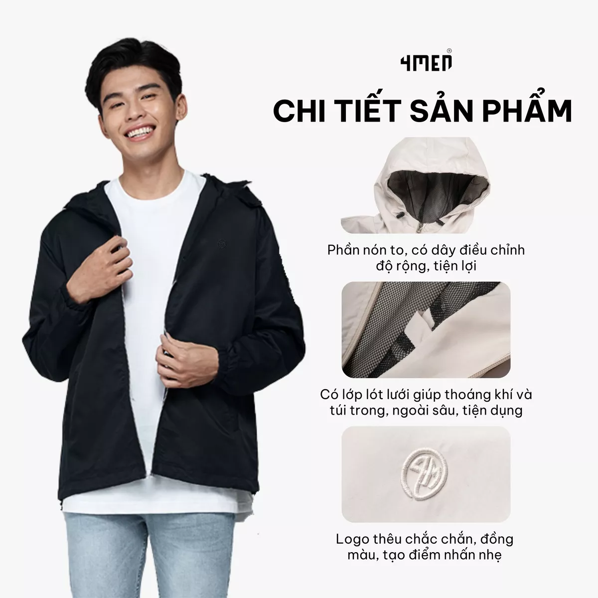 Áo Khoác Dù Trượt Nước Thêu 3D Logo 4M Form Regular AK075 trơn, trẻ trung, may 2 lớp dày dặn, chống nắng cản gió