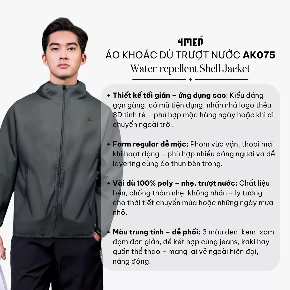 Áo Khoác Dù Trượt Nước Thêu 3D Logo 4M Form Regular AK075 trơn, trẻ trung, may 2 lớp dày dặn, chống nắng cản gió