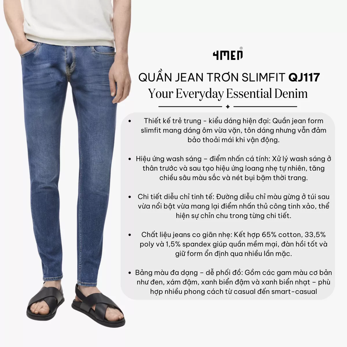 Quần jeans nam trơn slimfit diễu túi sau 4MEN QJ117 vải denim mềm mại, co giãn thoải mái, phong cách trẻ trung, hiện đại