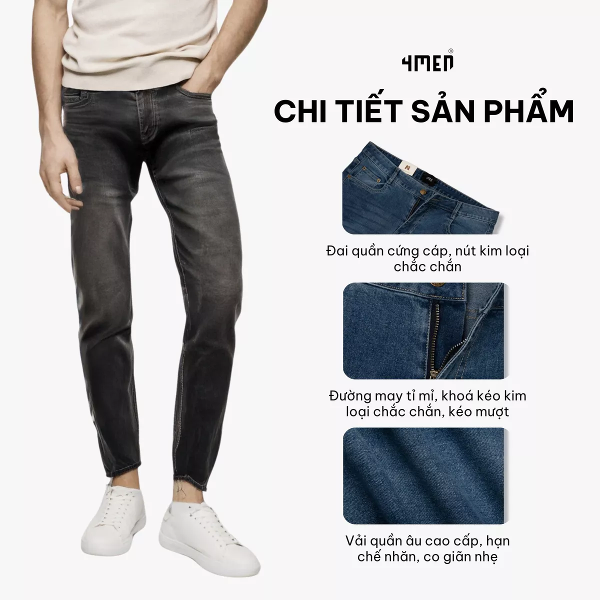 Quần jeans nam trơn slimfit diễu túi sau 4MEN QJ117 vải denim mềm mại, co giãn thoải mái, phong cách trẻ trung, hiện đại