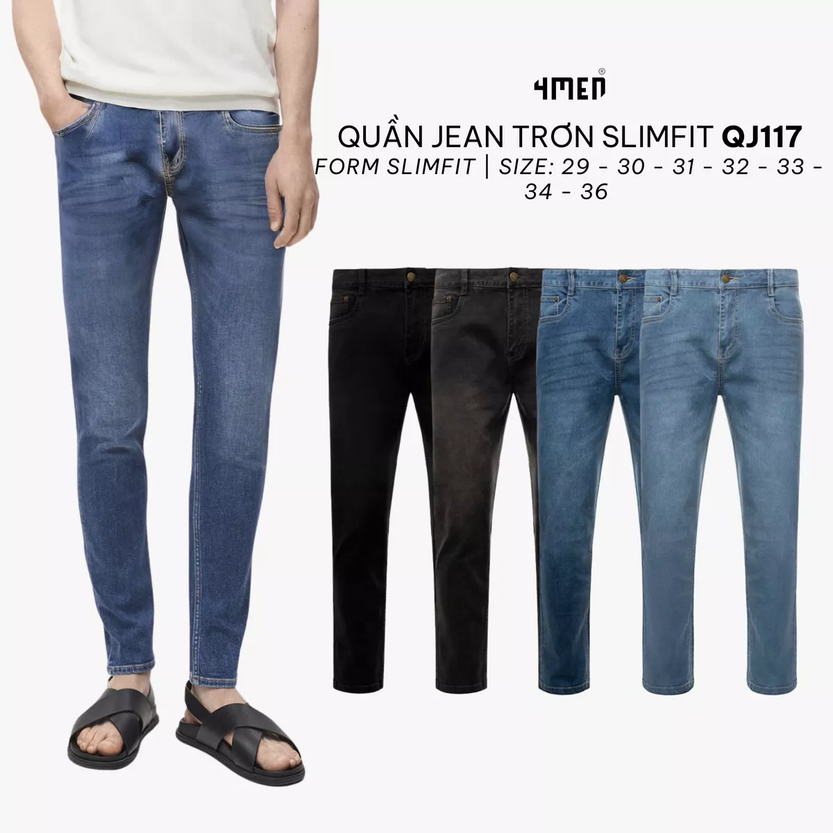 Quần jeans nam trơn slimfit diễu túi sau 4MEN QJ117 vải denim mềm mại, co giãn thoải mái, phong cách trẻ trung, hiện đại