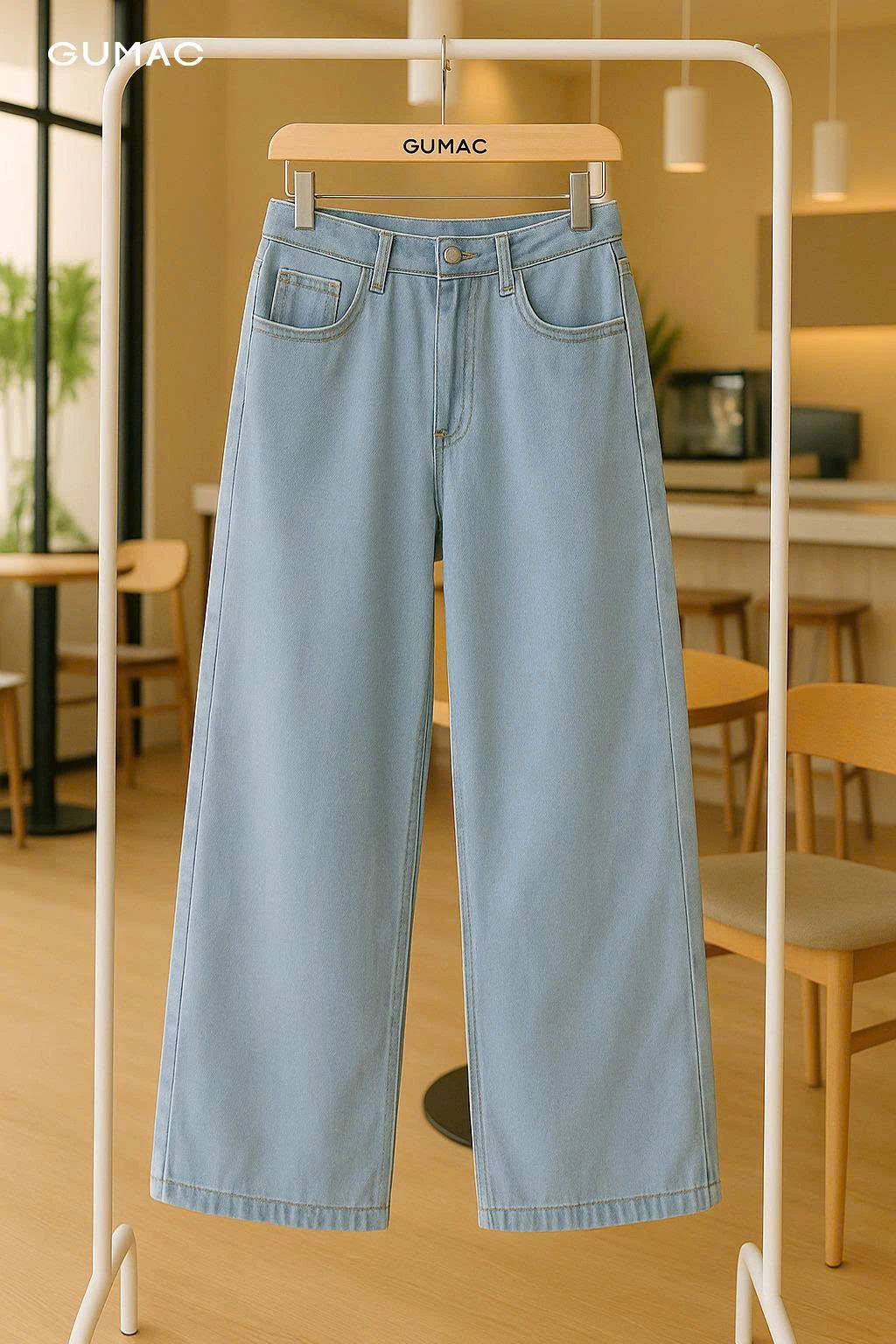 Quần Jeans Suông Nữ Gmorning - GUMAC Dài 95cm Denim Thêu Gmor Xanh Nhạt Tôn Dáng YQJE10080