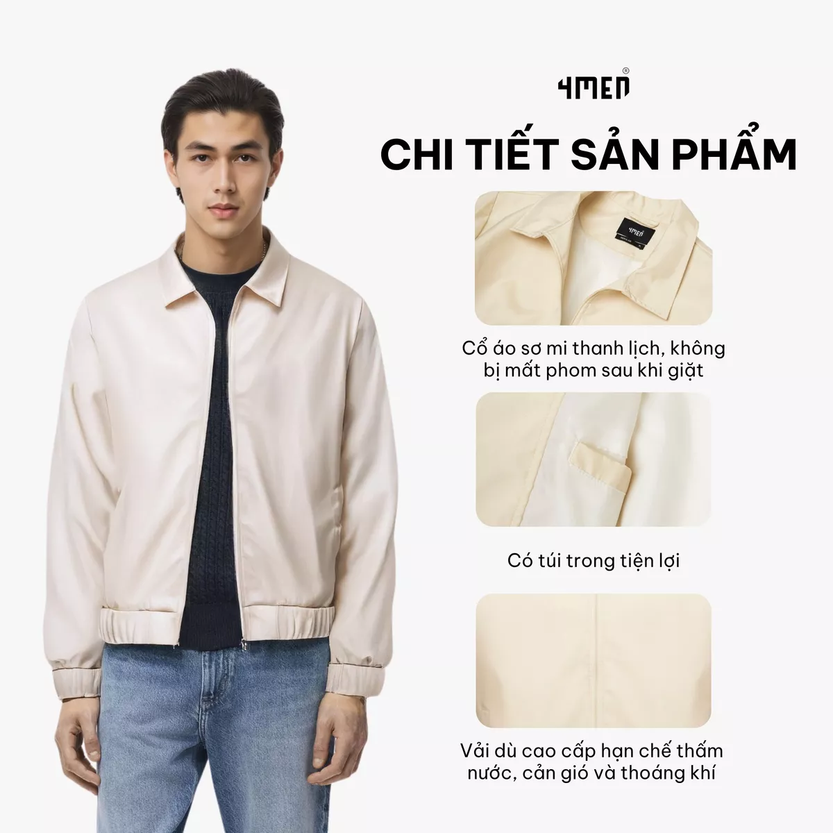 Áo khoác nam cổ bẻ 4MEN AK078, vải dù ép dày đẹp cao cấp may 2 lớp hạn chế thấm nước, cản gió, trẻ trung dễ mặc