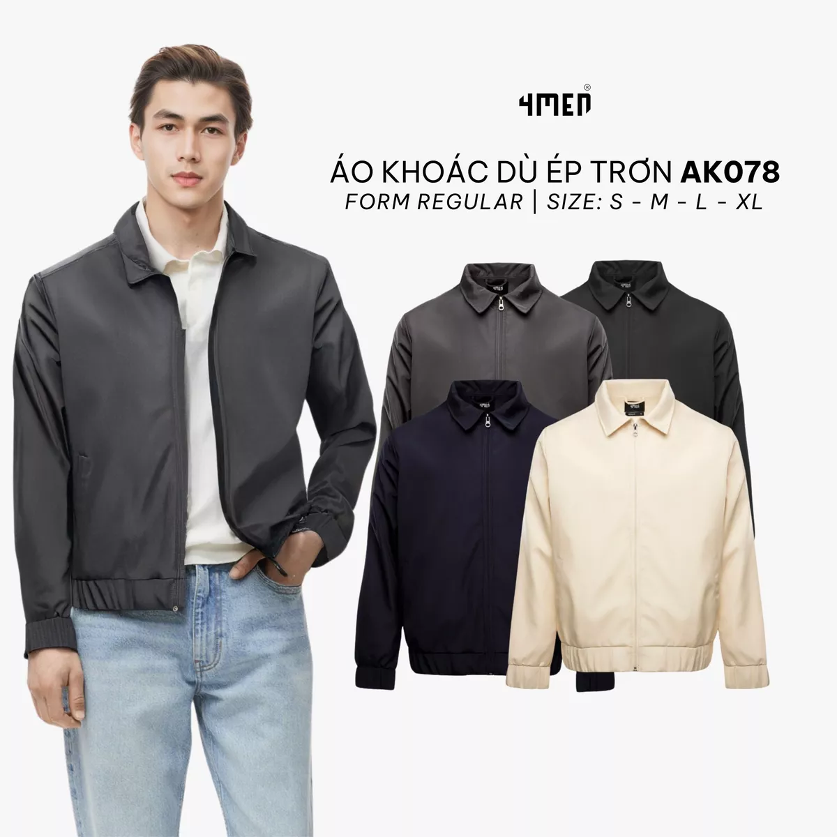 Áo khoác nam cổ bẻ 4MEN AK078, vải dù ép dày đẹp cao cấp may 2 lớp hạn chế thấm nước, cản gió, trẻ trung dễ mặc
