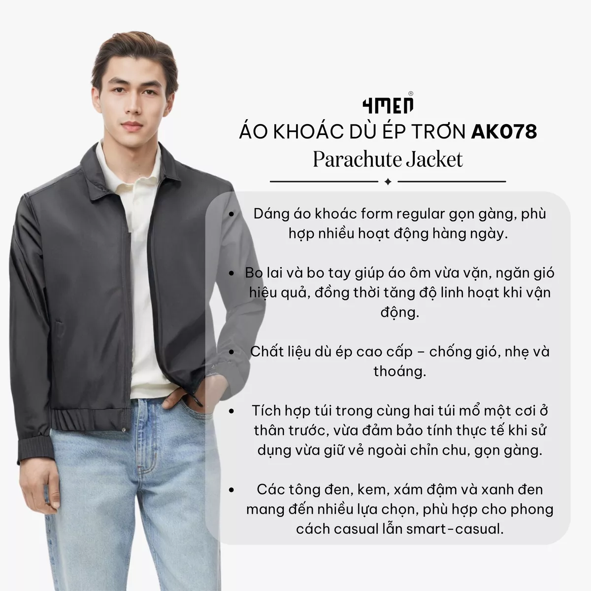 Áo khoác nam cổ bẻ 4MEN AK078, vải dù ép dày đẹp cao cấp may 2 lớp hạn chế thấm nước, cản gió, trẻ trung dễ mặc