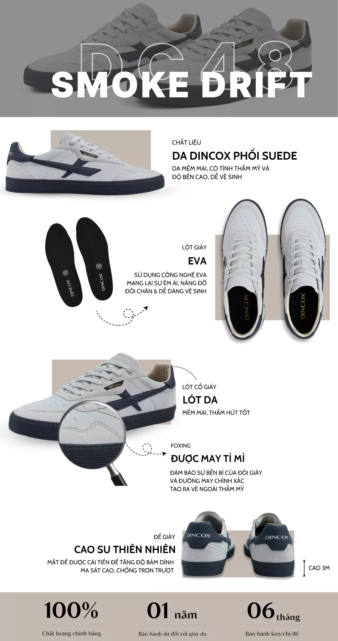 Giày Sneaker Nam Nữ DC48 SMOKE DRIFT Dincox Shoes Đế Bằng - Da phối Suede Cao Cấp