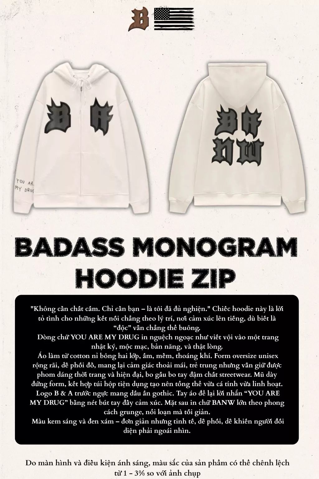 Áo Hoodie Nỉ Bông Khóa Kéo Unisex Banawa – Zip Hoodie Badass Monogram | Local Brand Chính Hãng