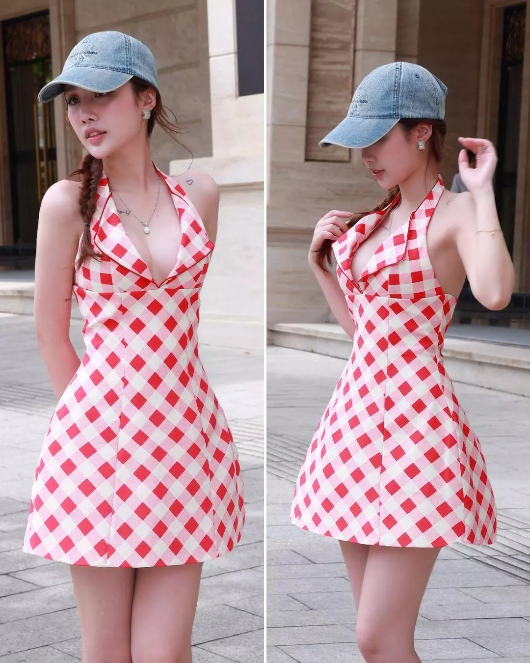 LSOUL - Gunbou Dress Đầm Chữ A Cổ Yếm Họa Tiết Caro Đỏ Cut Out Quyến Rũ V25071679