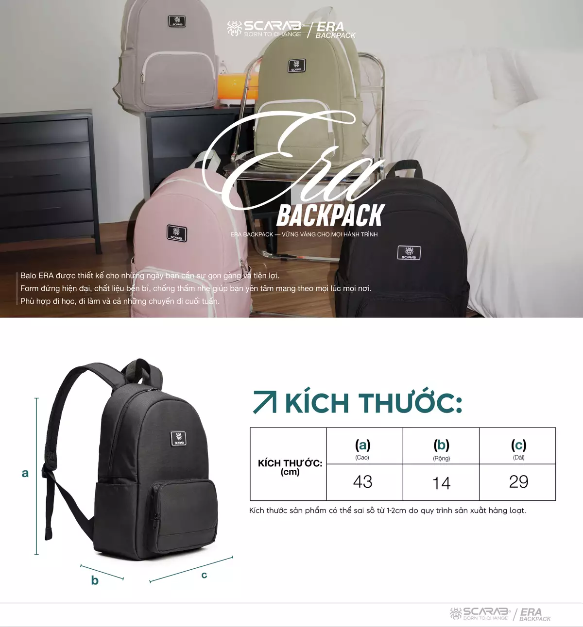 Balo Thời Trang Scarab Era Backpack Nam Nữ Đi Học Đi Làm Đựng Vừa Laptop 14 inch, Giấy A4, Vở, Bóp Bút, Nhiều Ngăn