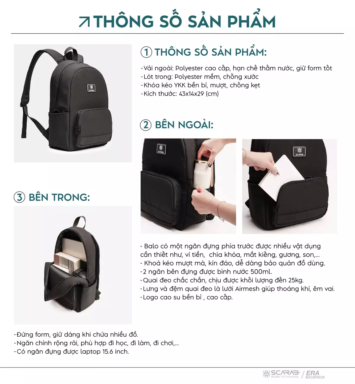 Balo Thời Trang Scarab Era Backpack Nam Nữ Đi Học Đi Làm Đựng Vừa Laptop 14 inch, Giấy A4, Vở, Bóp Bút, Nhiều Ngăn