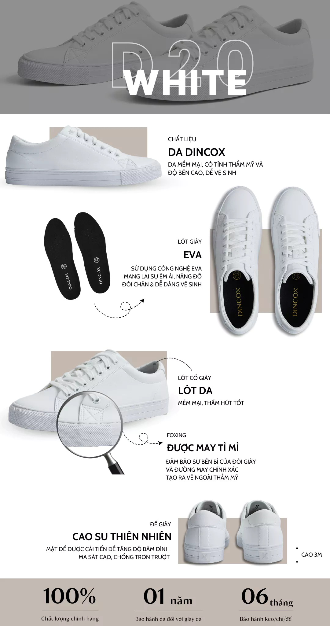 Giày Da Sneaker Unisex Nam Nữ D20 White DINCOX Năng Động Cá Tính - Giày Da Trắng Sang Trọng