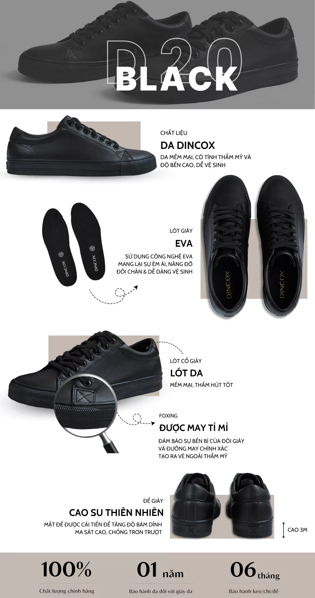 Giày Da Nam Sneaker D20 Black DINCOX Năng Động Cá Tính