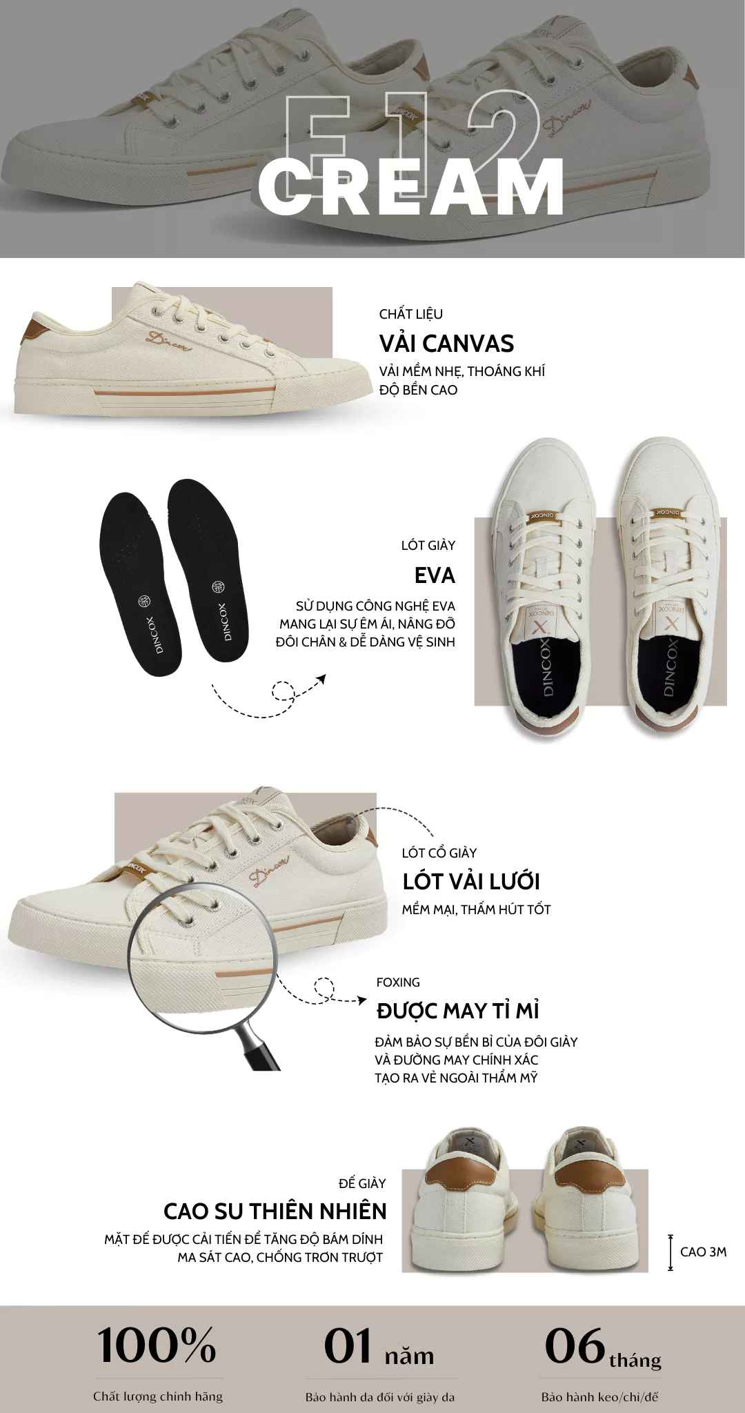 Giày Thể Thao Nam Nữ, Giày Sneaker Vải Canvas, Giày Thời Trang Dincox E12 Cream