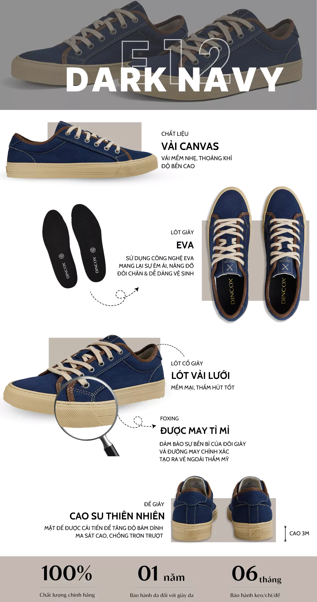 Giày Thể Thao Nam Nữ, Giày Sneaker Vải Canvas, Giày Thời Trang, Dincox E12 Dark Navy