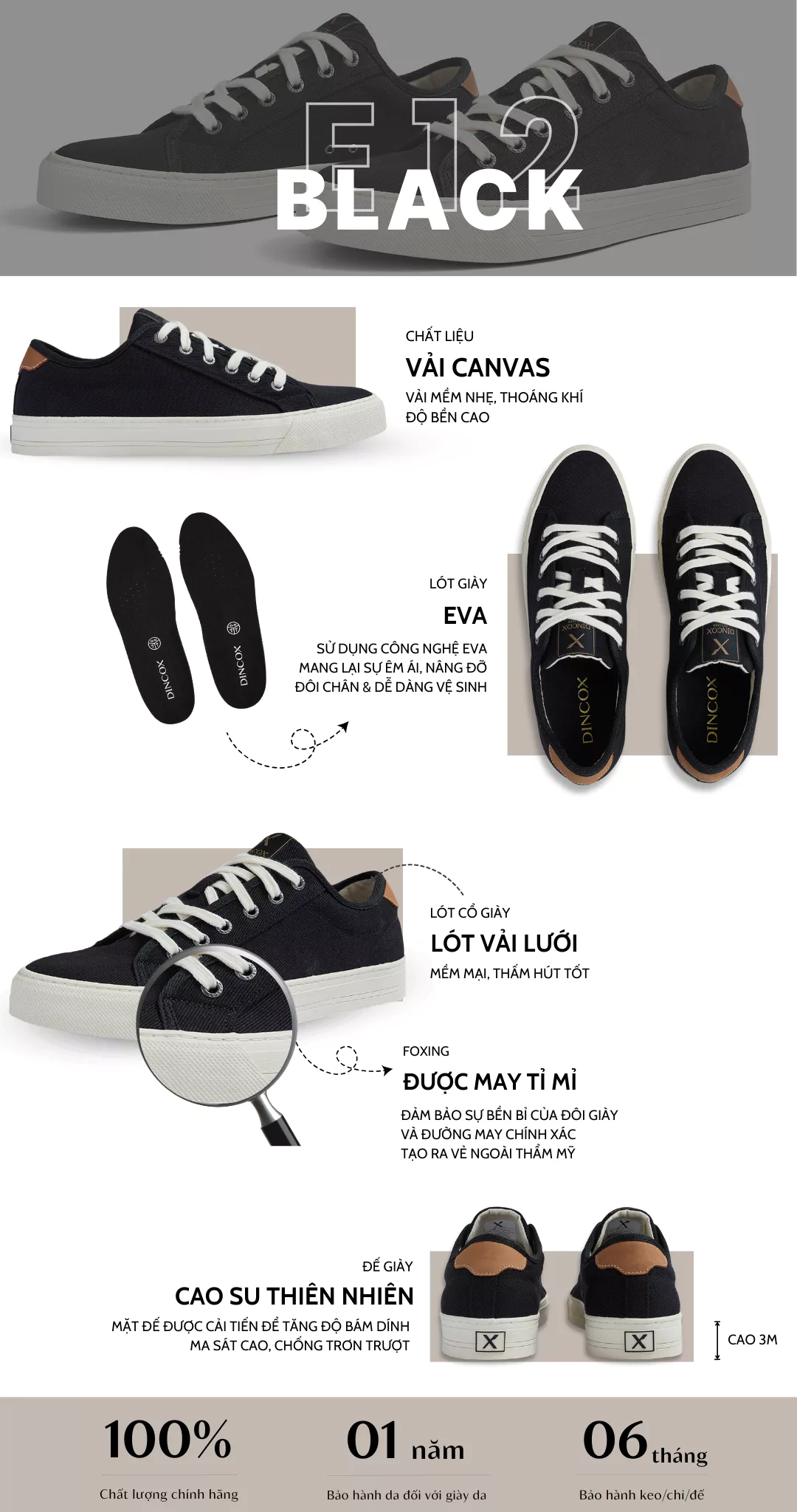 Giày Sneaker Nam Nữ Vải Canvas DINCOX E12 Black Đơn Giản Thanh Lịch - Unisex Sneaker
