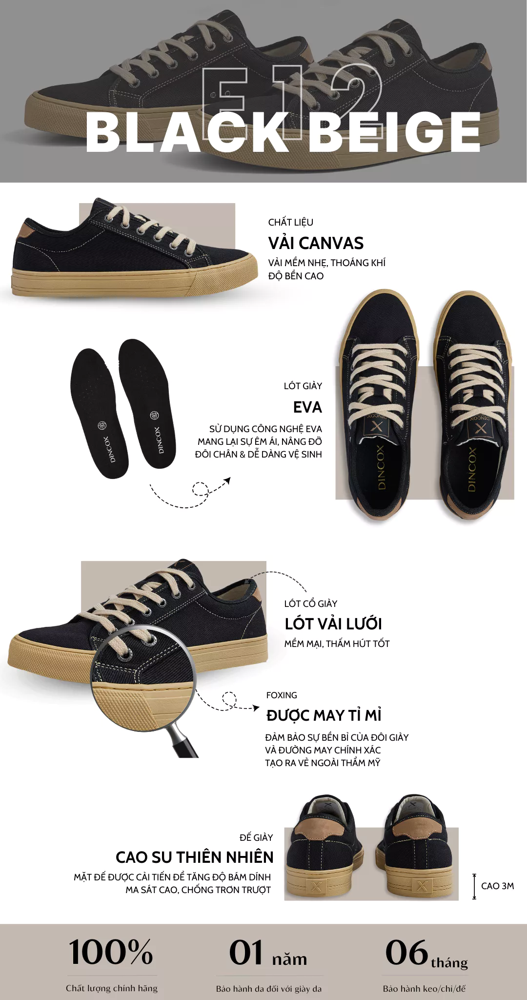 Giày Sneaker Nam Nữ Vải Canvas DINCOX E12 Black/Beige Đơn Giản Thanh Lịch