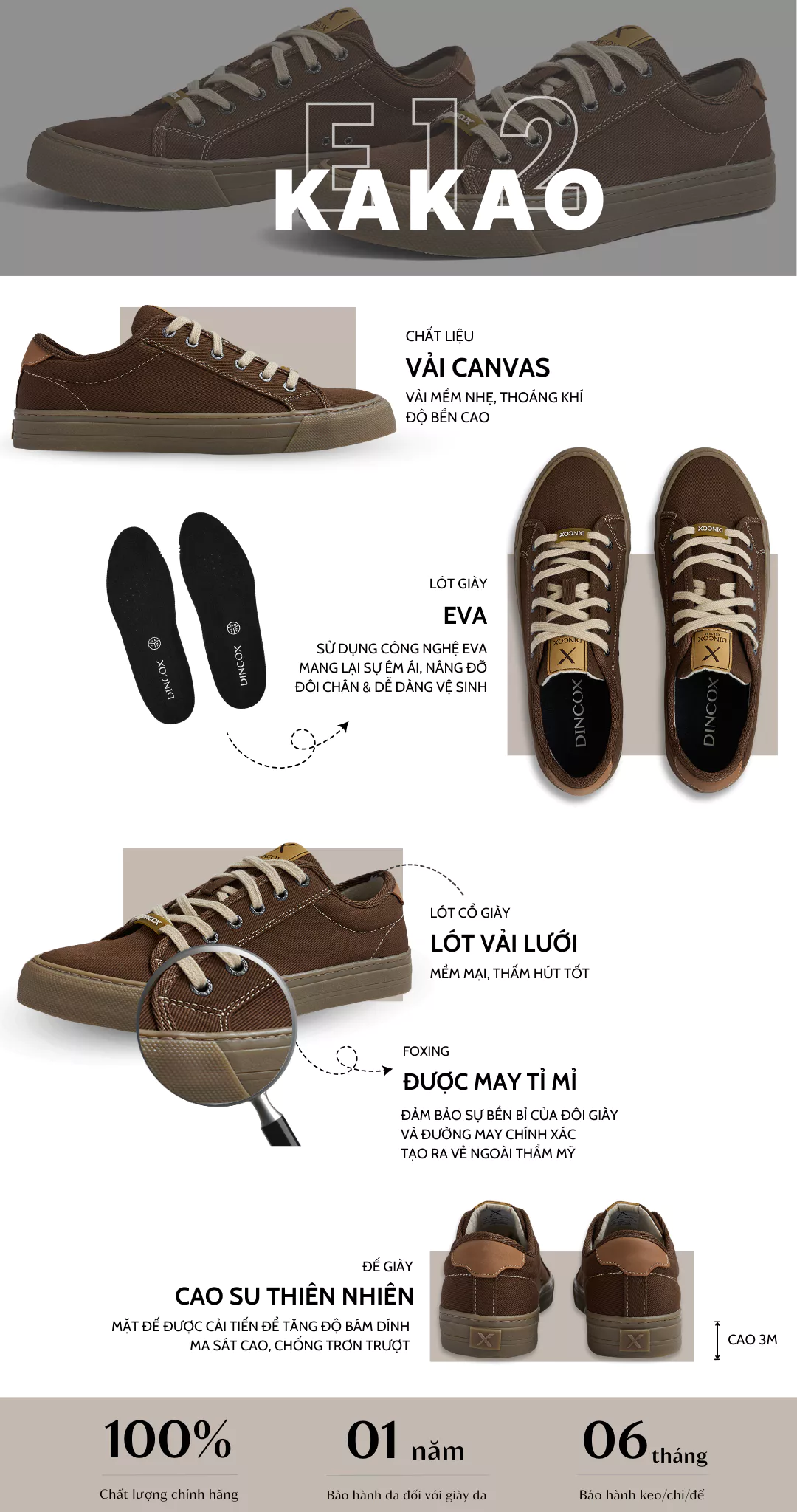 Giày Thể Thao Nam Nữ, Giày Sneaker Vải Canvas, Giày Thời Trang Dincox E12 Kakao