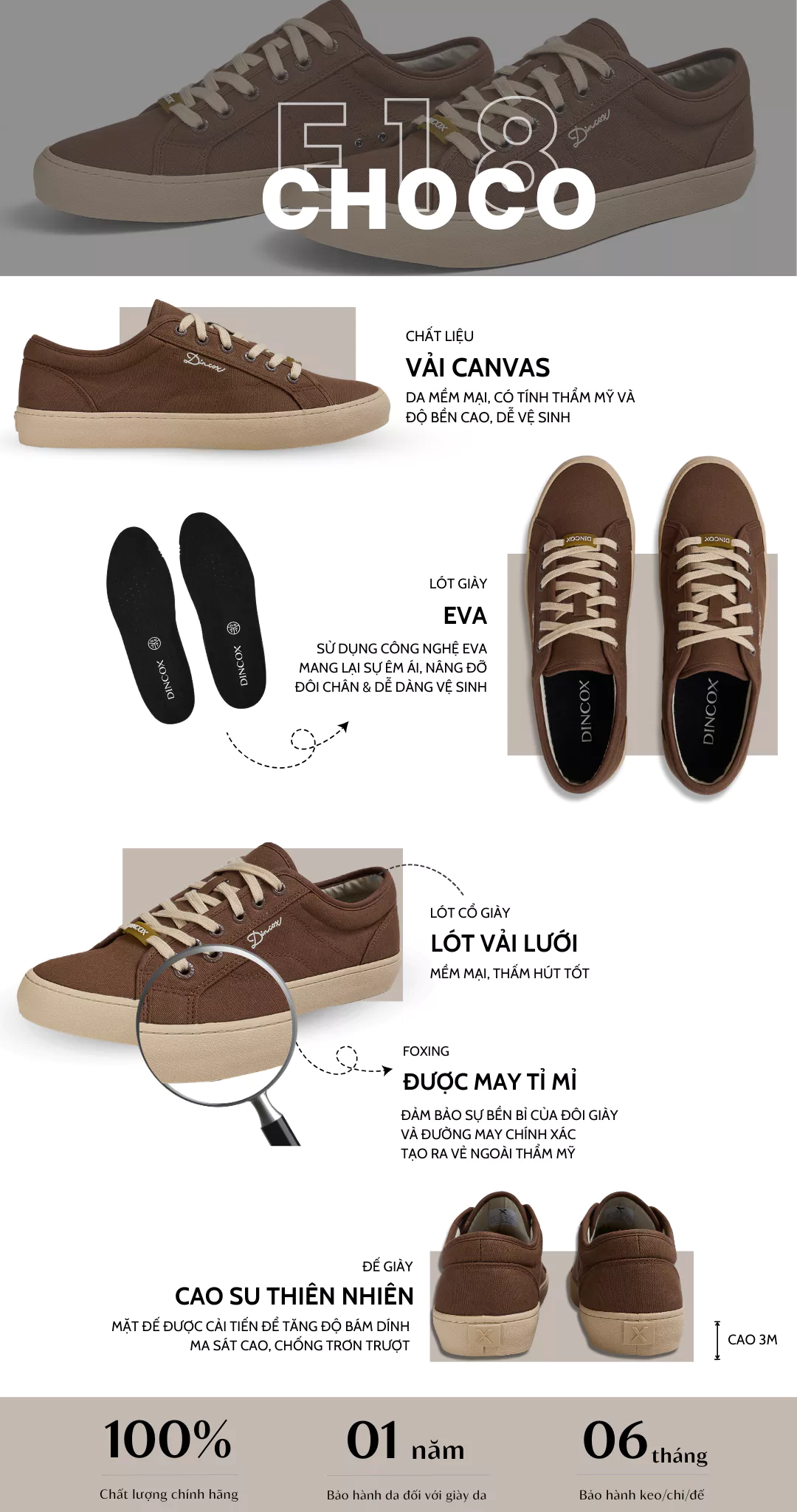 Giày Thể Thao Nam Nữ, Giày Sneaker Vải Canvas, Giày Thời Trang Dincox E18 Chocolate - Giày Nâu