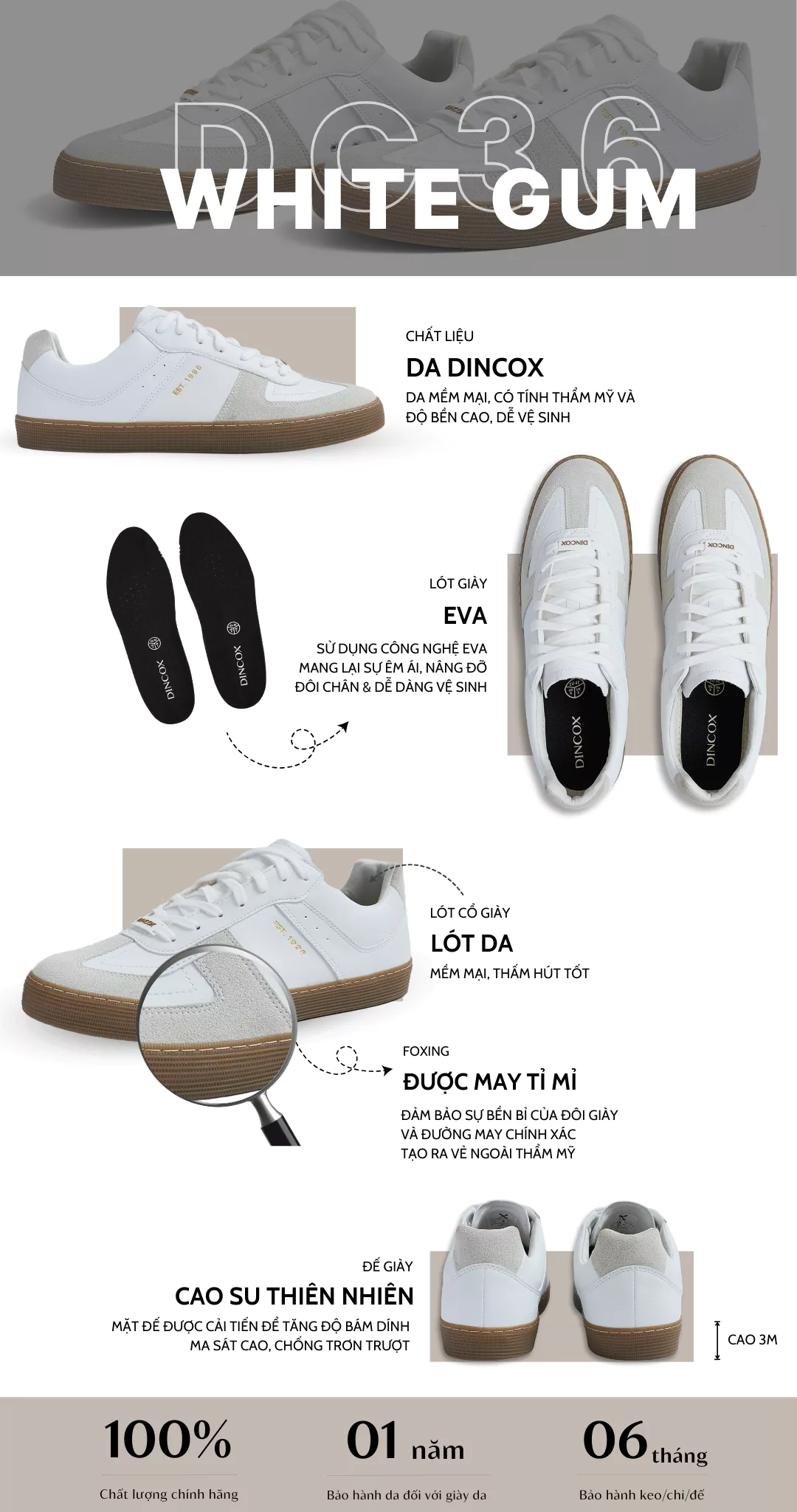 Giày Sneaker Da - GAT Shoes Nam Nữ DC36 White Gum Dincox Shoes