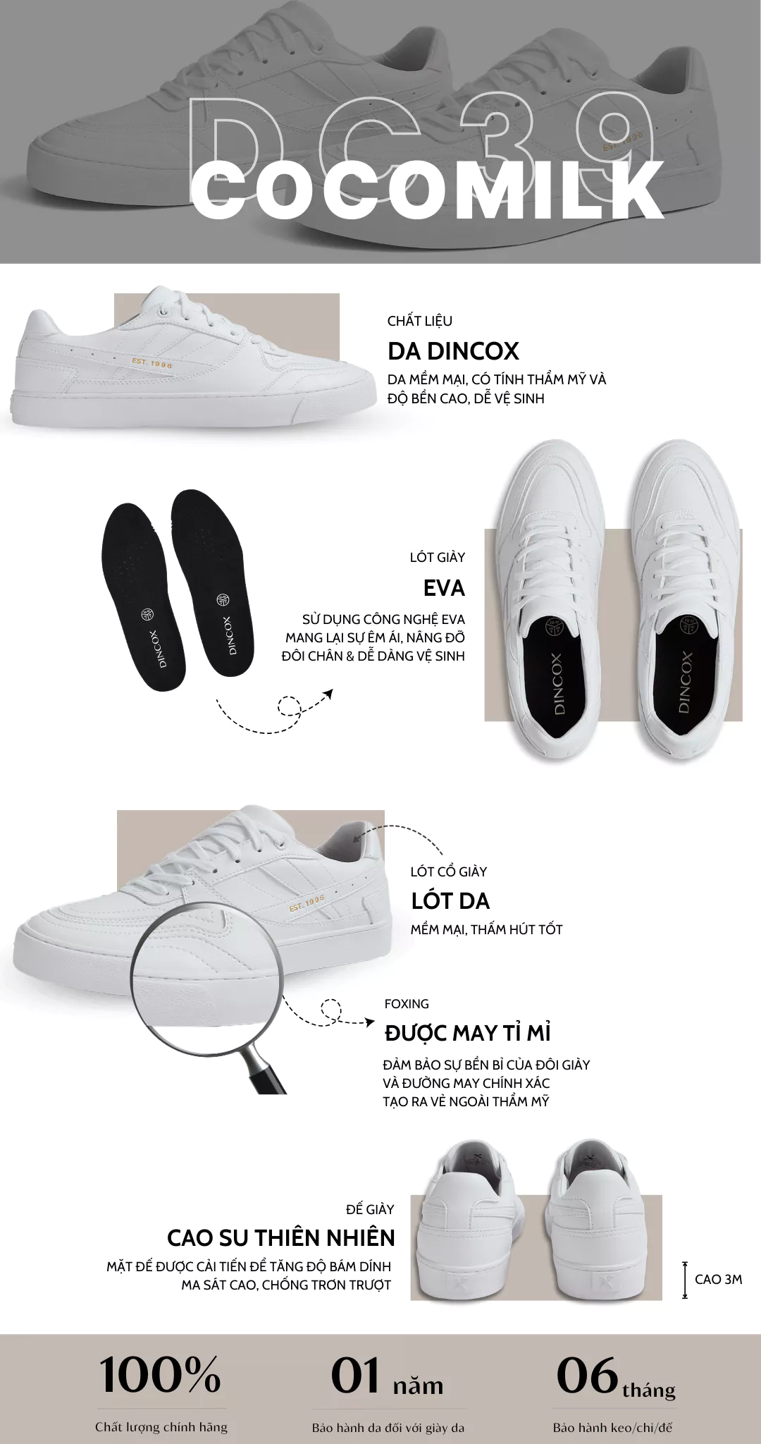 Giày Da Sneaker Nam Nữ DC39 COCO MILK DINCOX Shoes Đế Bằng - Microfiber Leather