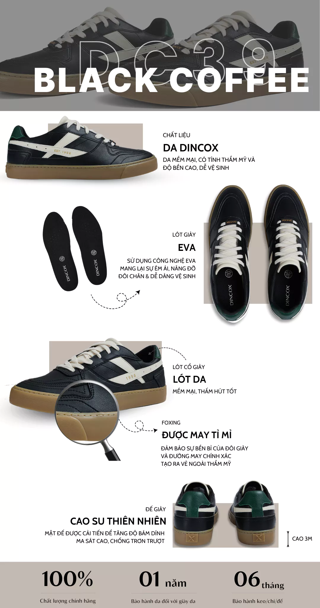 Giày Da Sneaker Nam DC39 BLACK COFFEE DINCOX Shoes Đế Bằng - Microfiber Leather