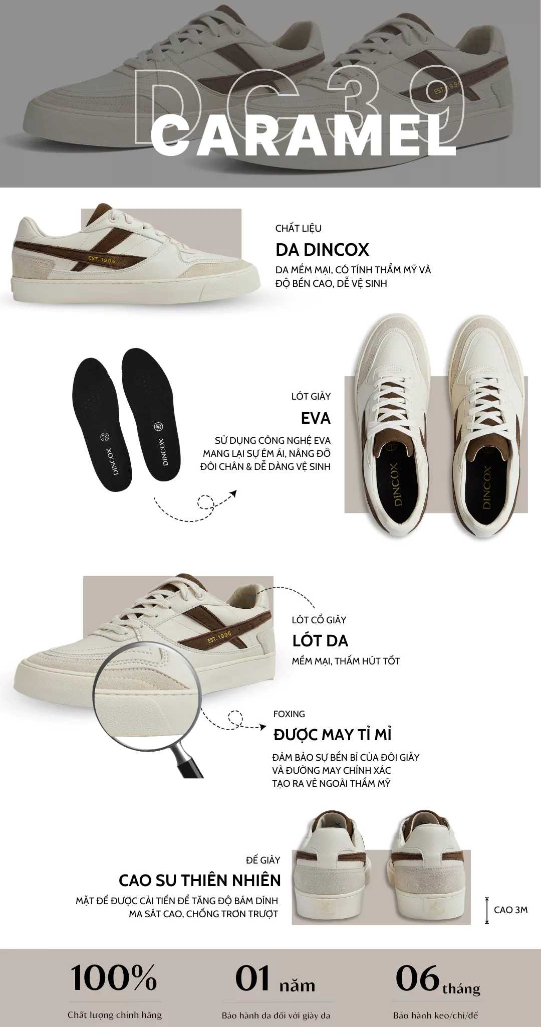 Giày Da Sneaker Nam Nữ DC39 CARAMEL DINCOX Shoes Đế Bằng - Microfiber Leather
