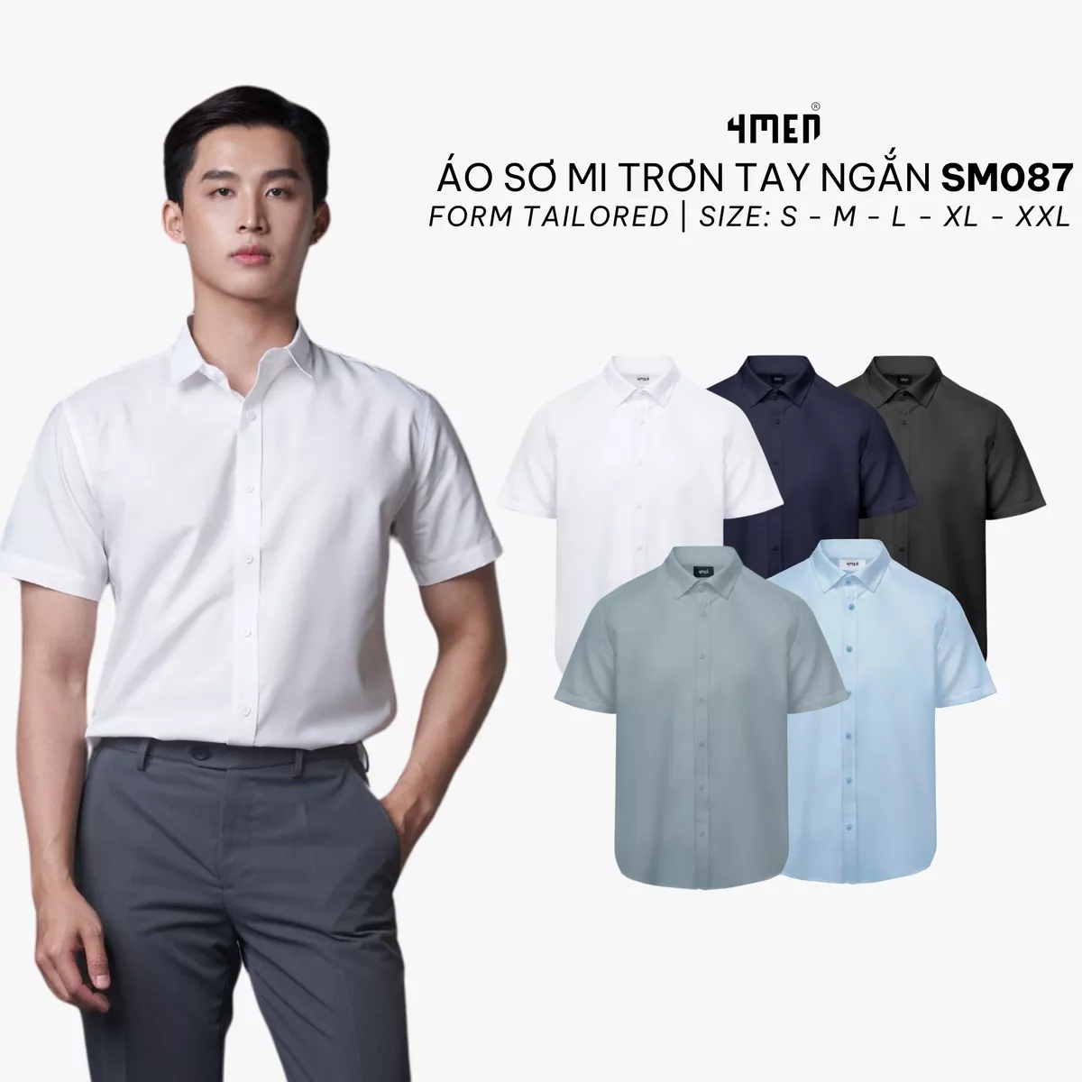 COMBO 2 Áo sơ mi nam tay ngắn trơn đẹp 4MEN SM087 vải lụa chéo mềm mịn, hạn chế nhăn, form tailored công sở trẻ trung