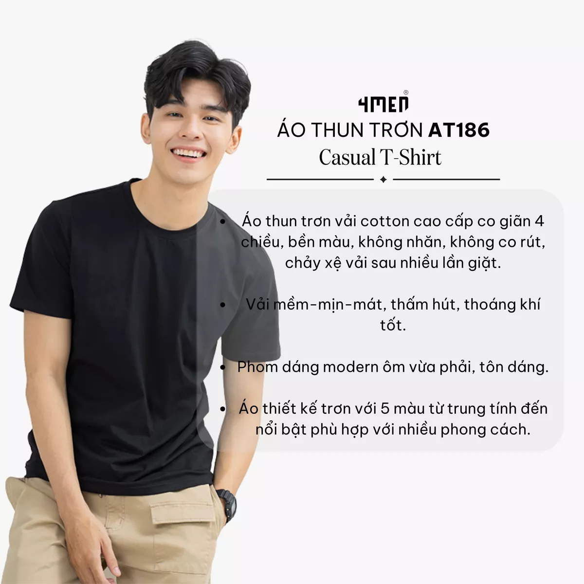 Áo thun nam cổ tròn trơn 4MEN AT186 form modern đẹp ôm body, vải cotton cao cấp co giãn 4 chiều thấm mồ hôi, giá rẻ