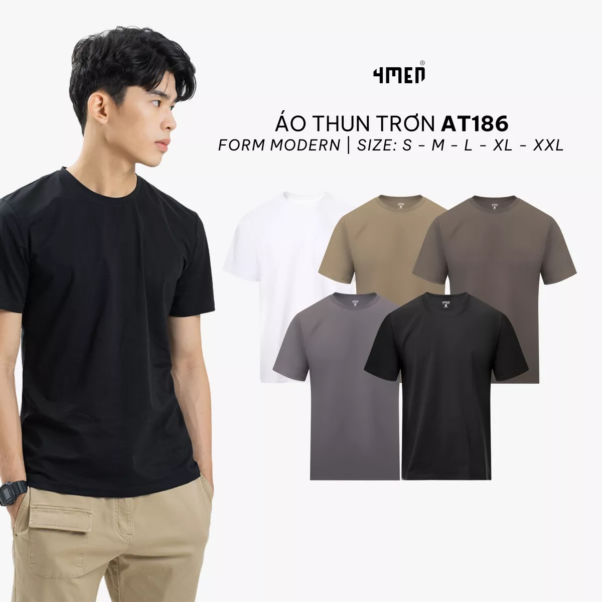 Áo thun nam cổ tròn trơn 4MEN AT186 form modern đẹp ôm body, vải cotton cao cấp co giãn 4 chiều thấm mồ hôi, giá rẻ
