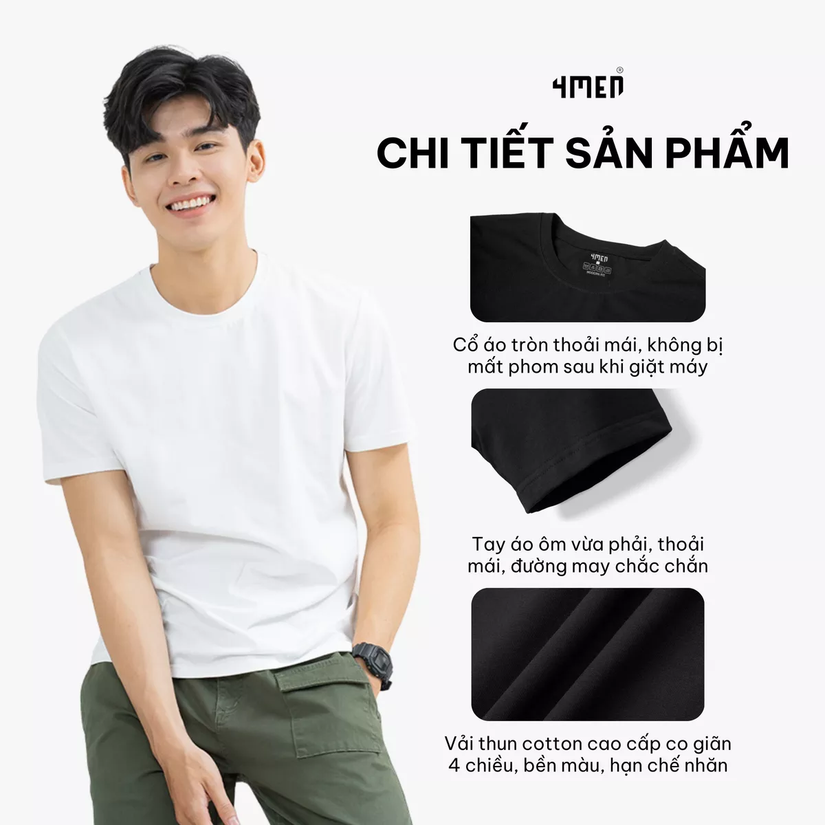 Áo thun nam cổ tròn trơn 4MEN AT186 form modern đẹp ôm body, vải cotton cao cấp co giãn 4 chiều thấm mồ hôi, giá rẻ