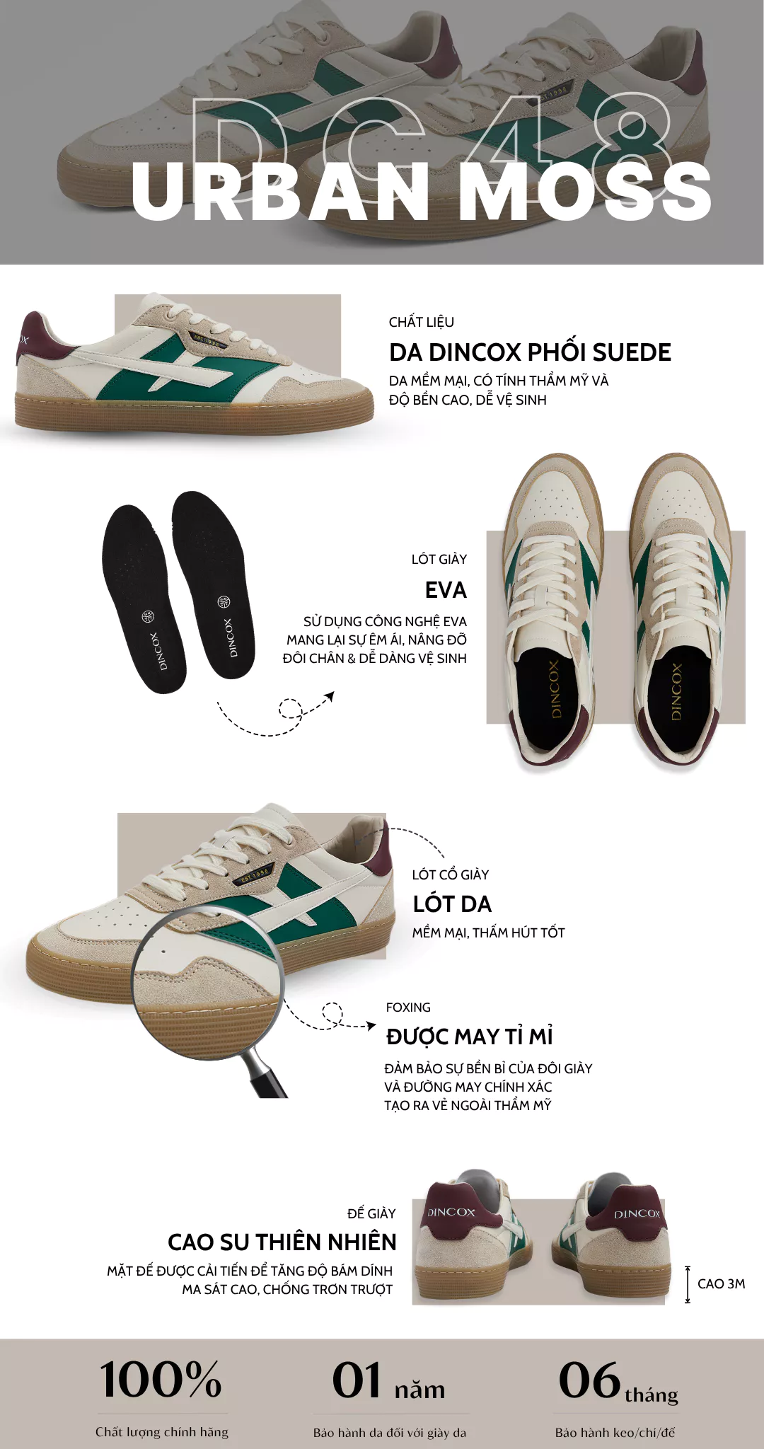 Giày Sneaker Nam Nữ DC48 URBAN MOSS Dincox Shoes Đế Bằng - Da phối Suede Cao Cấp