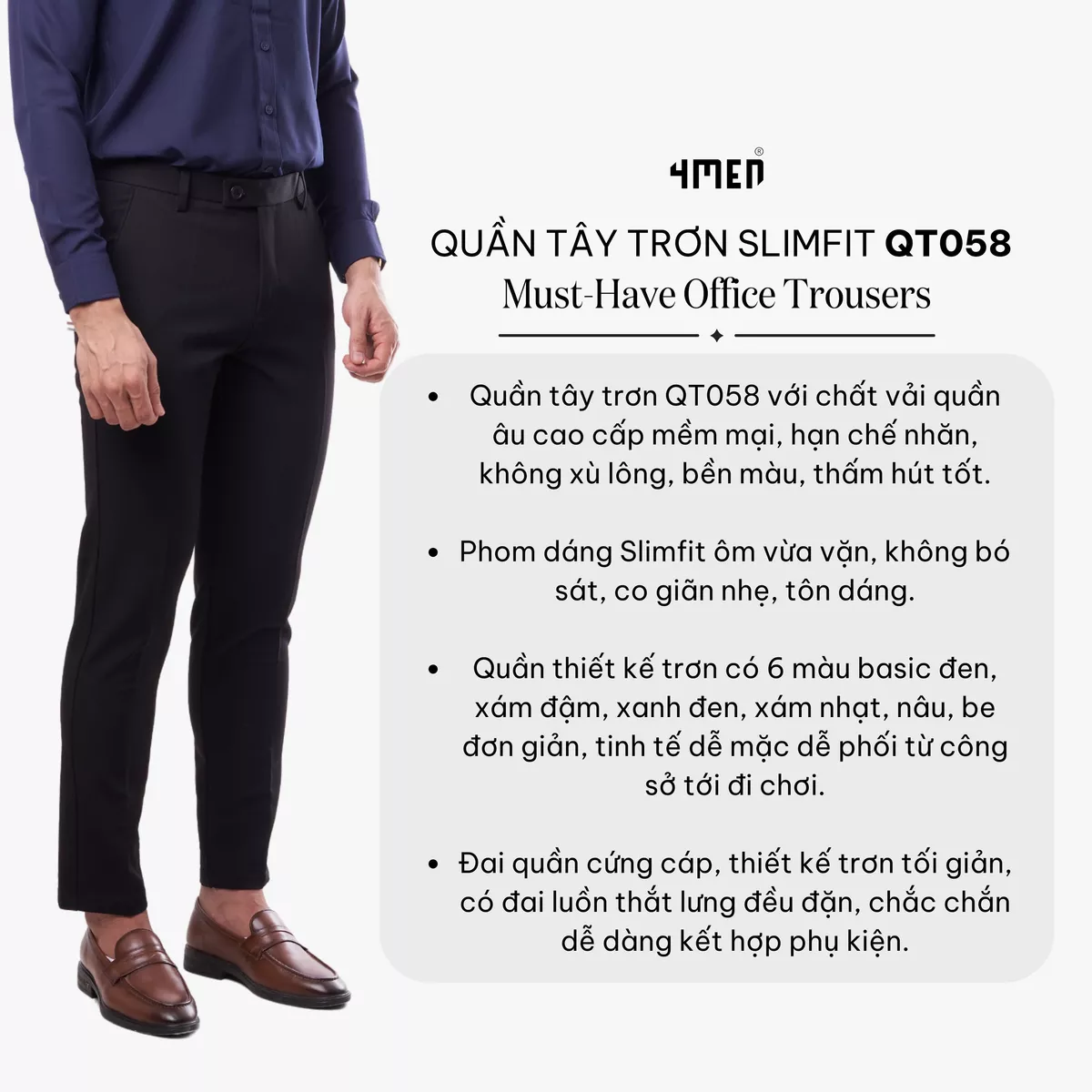 Quần tây âu nam co giãn 4MEN QT071 form slimfit Hàn Quốc ống ôm đẹp, vải cao cấp không nhăn, basic dễ phối, 6 màu basic