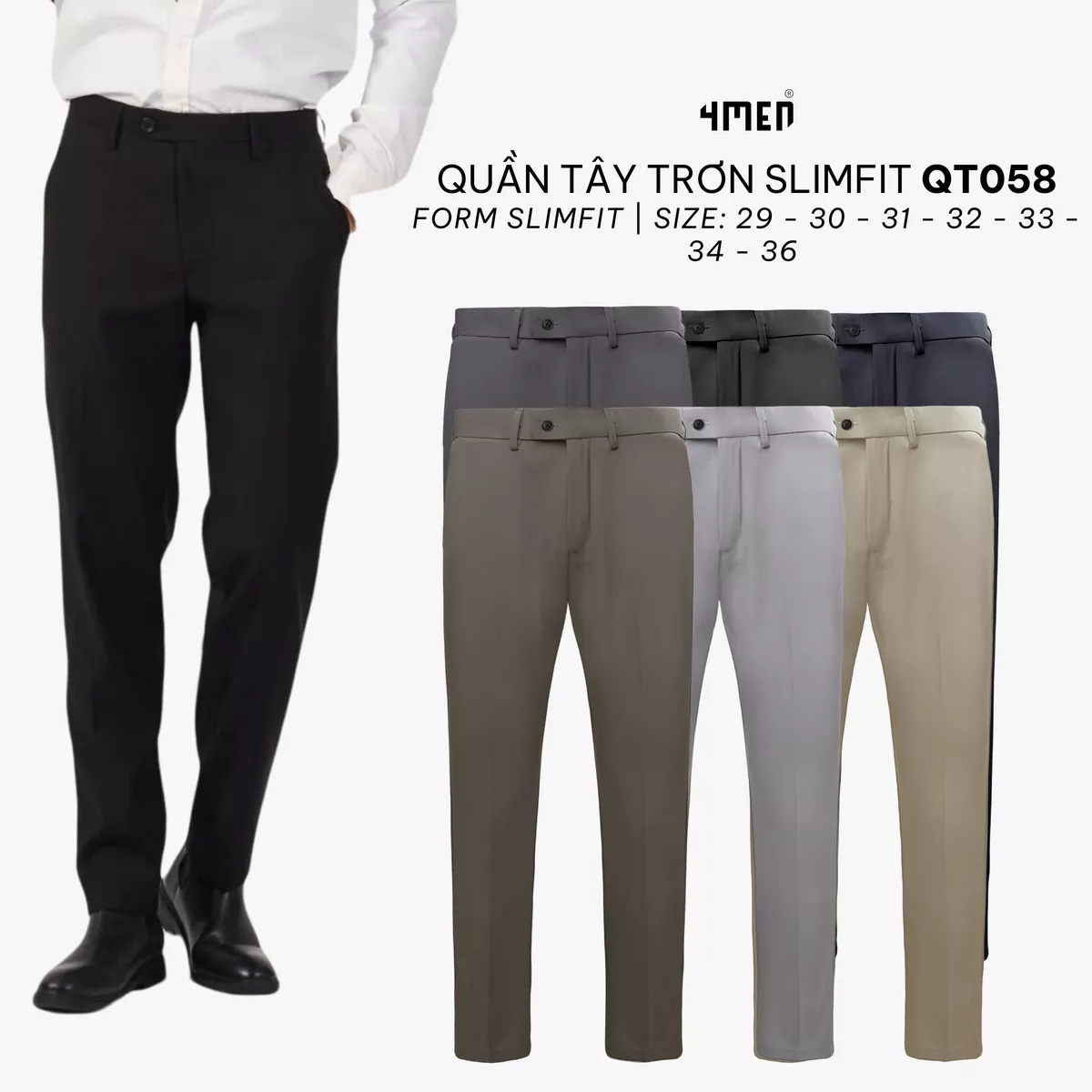 Quần tây âu nam co giãn 4MEN QT071 form slimfit Hàn Quốc ống ôm đẹp, vải cao cấp không nhăn, basic dễ phối, 6 màu basic