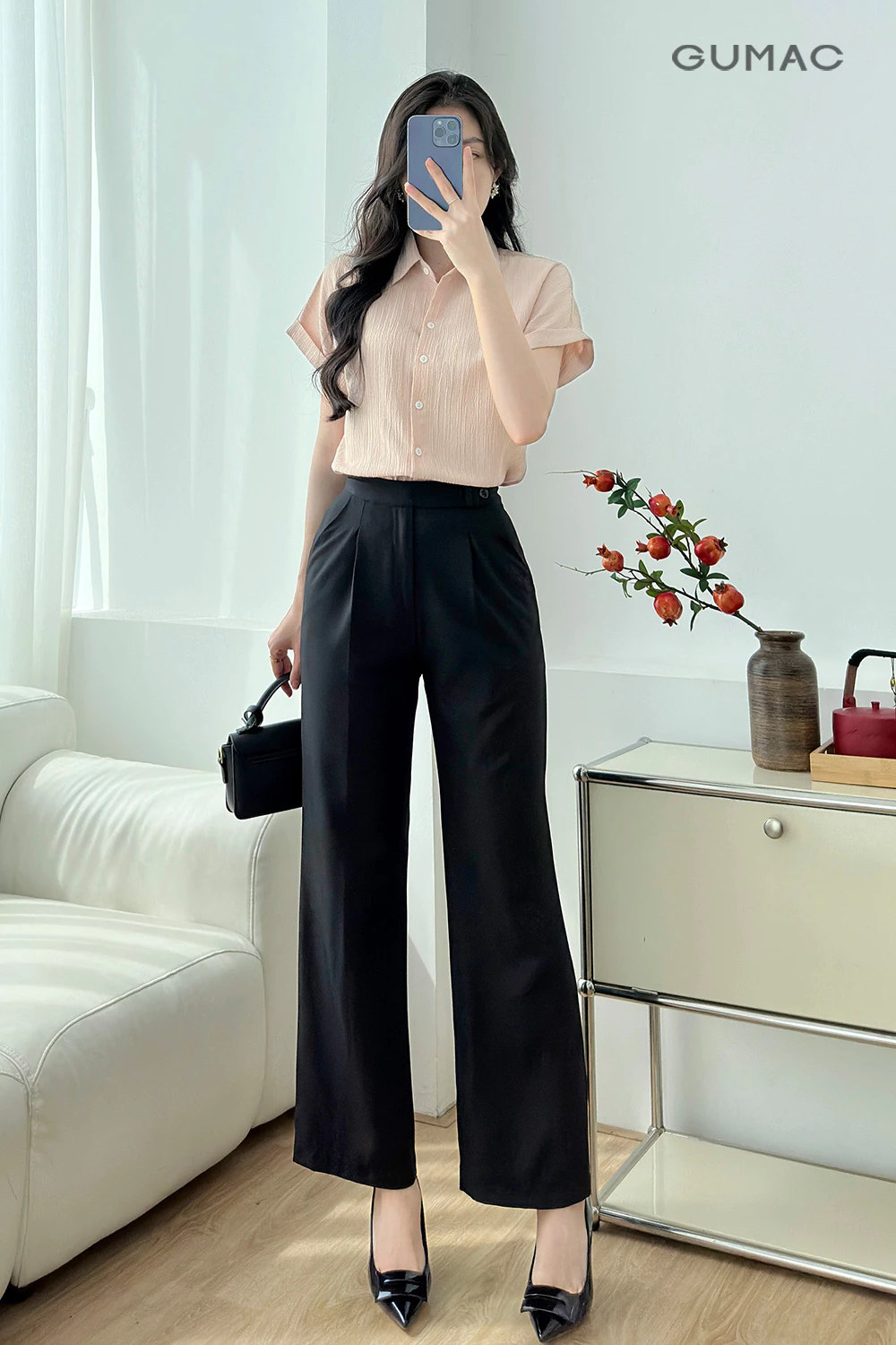 Áo Sơ Mi Nữ GUMAC Áo Kiểu Tay Liền Công Sở Trơn Basic Vải Lụa Xốp Mềm Mịn LAE1032