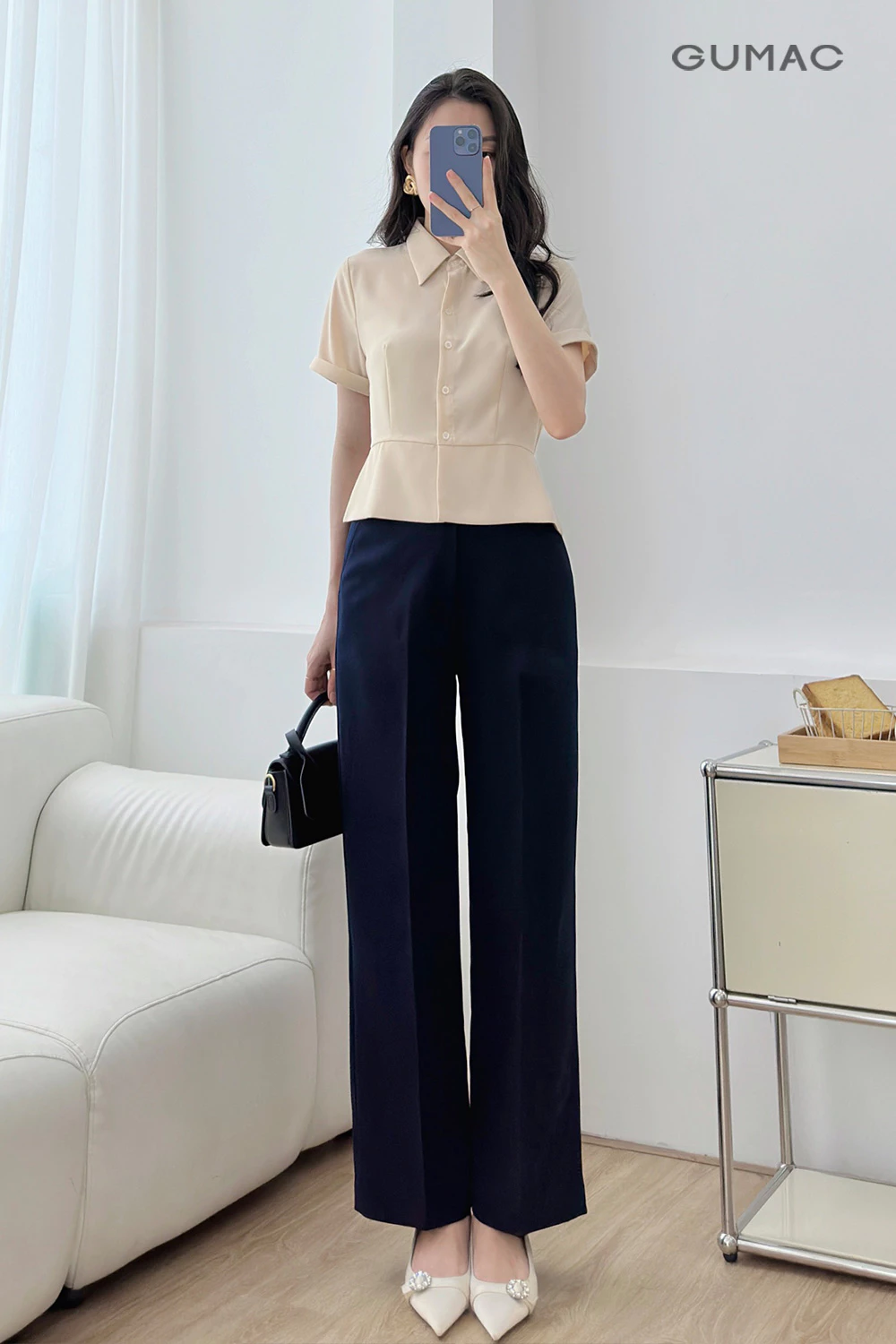 Áo Kiểu Nữ GUMAC Áo Sơ Mi Công Sở Dáng Lửng Ôm Eo Tôn Dáng Thanh Lịch Vải Chéo Ý LAF0518