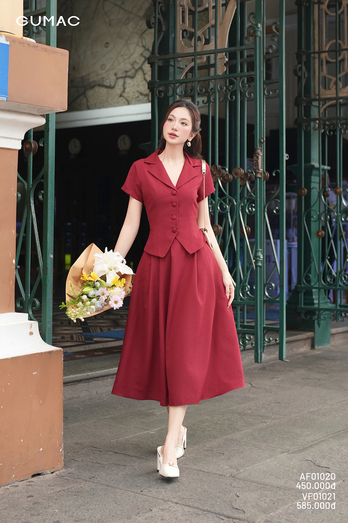 Set lẻ Áo kiểu nữ GUMAC cổ danton  AF12002 - Chân váy nữ GUMAC A ly xòe  VF12003