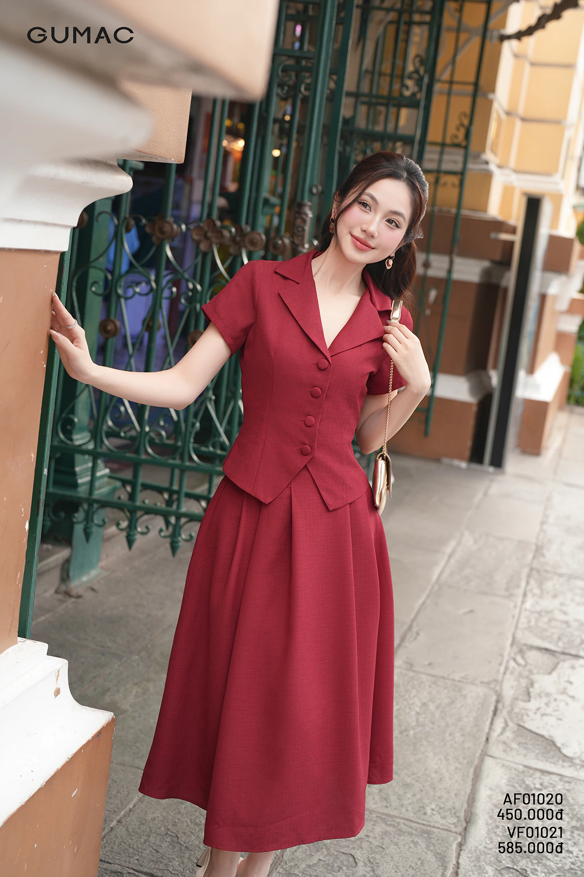 Set lẻ Áo kiểu nữ GUMAC cổ danton  AF12002 - Chân váy nữ GUMAC A ly xòe  VF12003