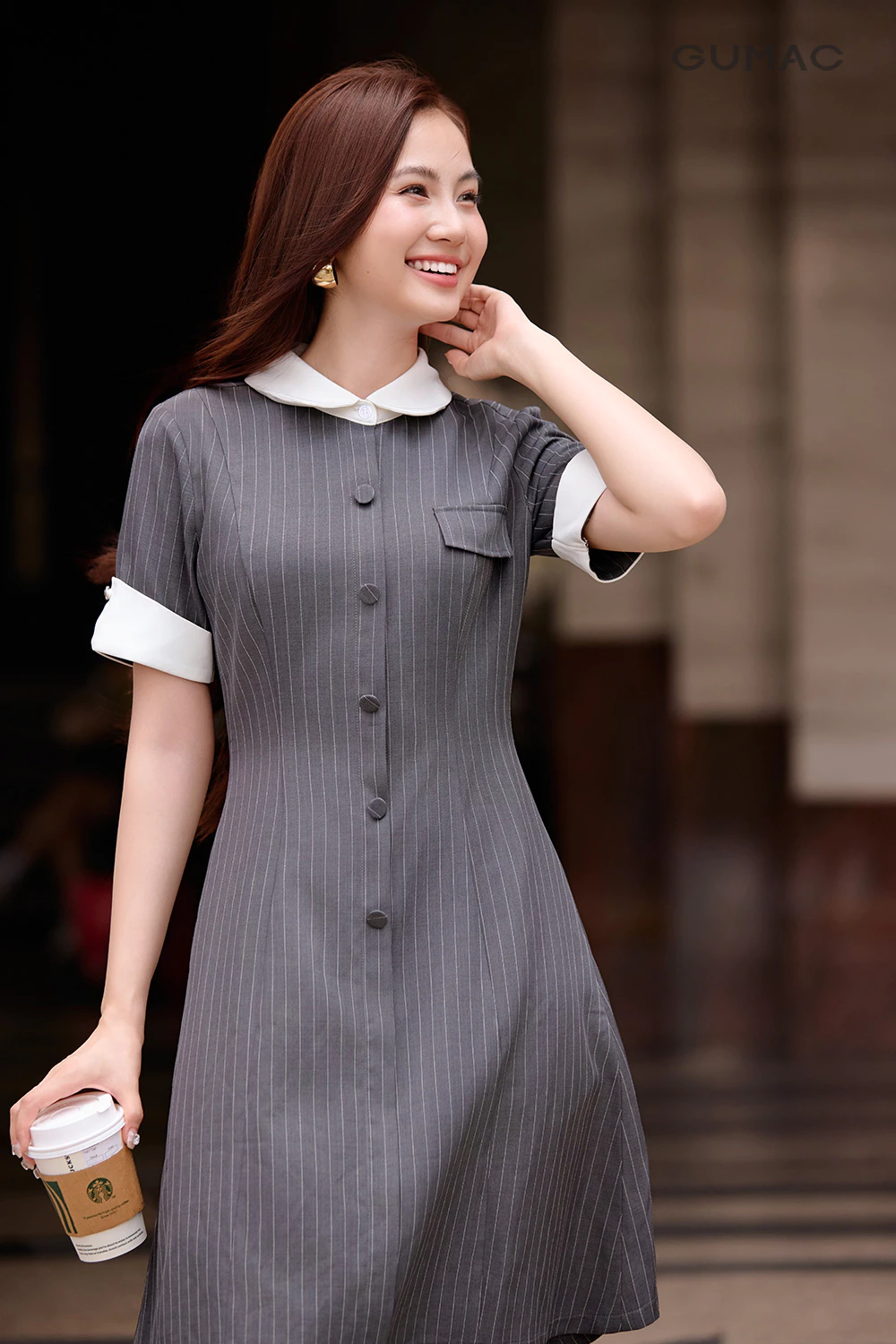 Đầm Nữ GUMAC Dáng A Tay Ngắn Cổ Sơ Mi Phối Trắng Thanh Lịch Hiện Đại DF09021