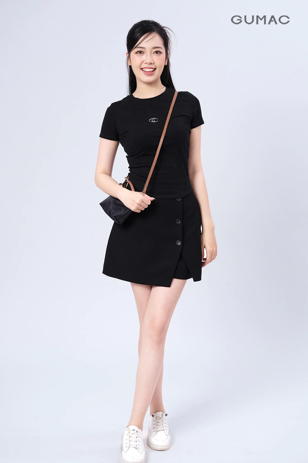 Quần Giả Váy Nữ GUMAC Quần Váy Công Sở Lưng Cao Vải Tuyết Mưa Xẻ Đắp Đính Nút Có Túi LSHF1201