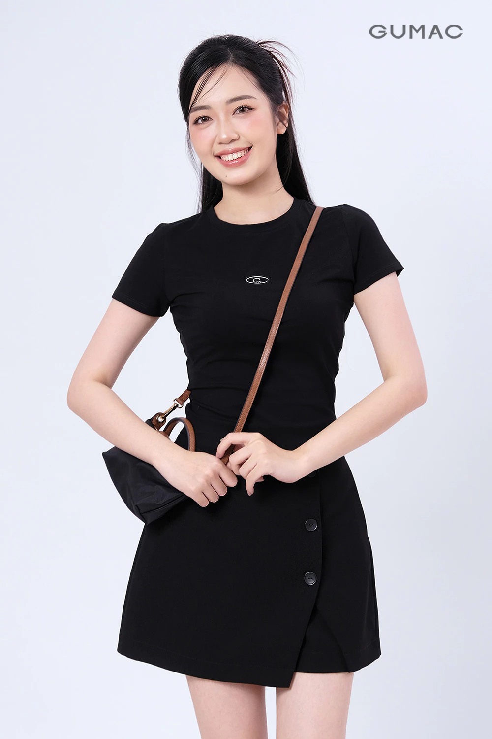 Quần Giả Váy Nữ GUMAC Quần Váy Công Sở Lưng Cao Vải Tuyết Mưa Xẻ Đắp Đính Nút Có Túi LSHF1201